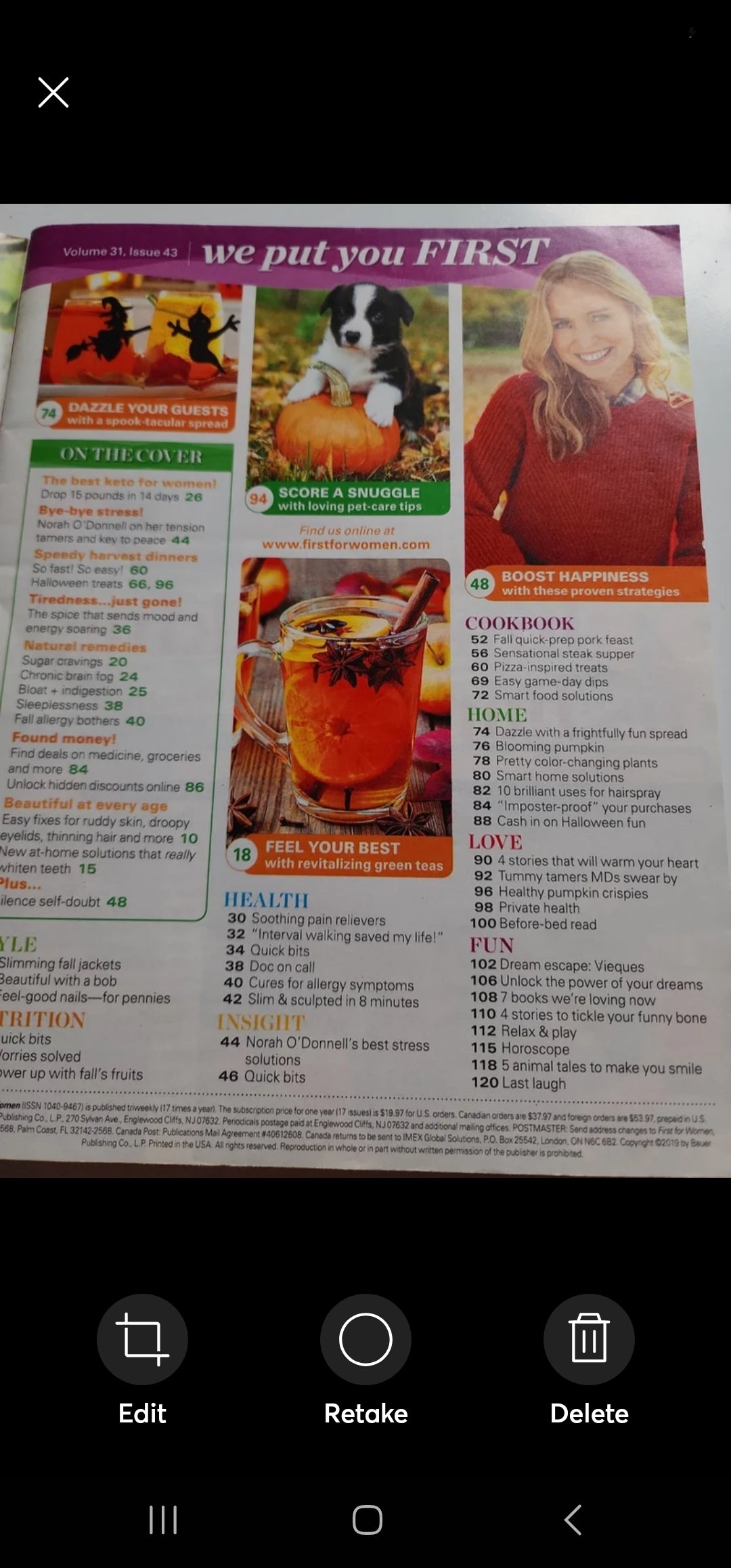 First for Women Magazine October  28, 2019 The best Keto, Halloween Issue