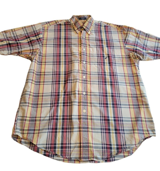 Men's Nautical  Button Down plaid Shirt L