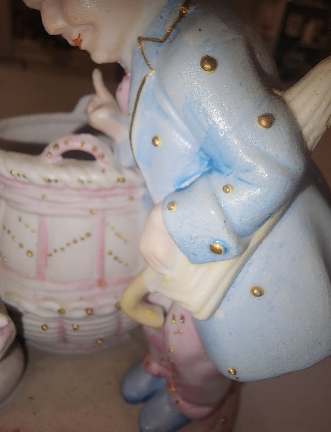 Occupied Japan Paul Ux Victorian Boy w Cockatoo and basket in pink blue and Gold