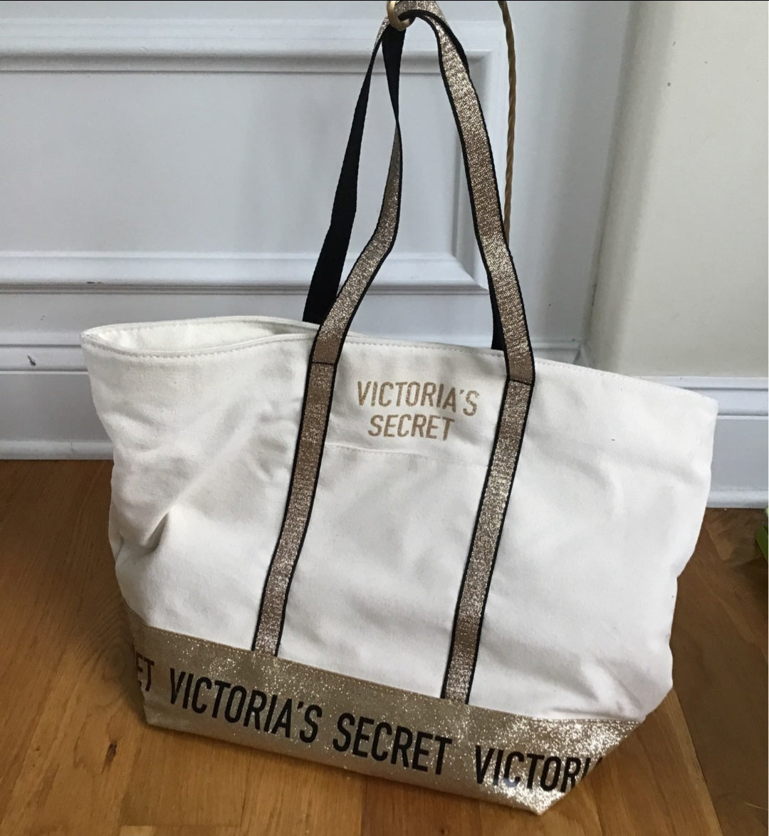 Victoria Secret Canvas Tote w Gold glitttery accent