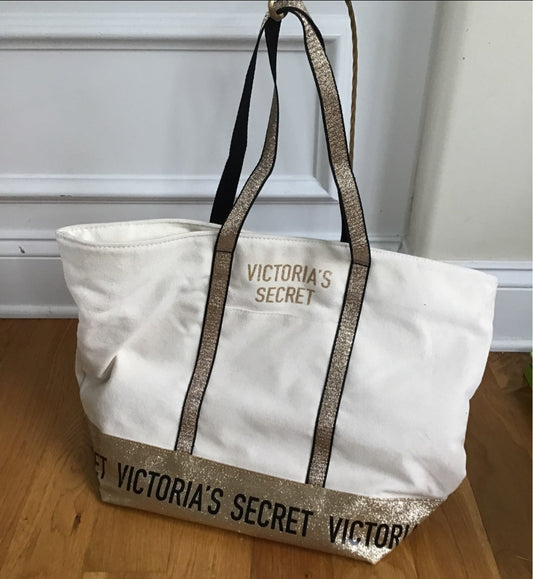Victoria Secret Canvas Tote w Gold glitttery accent
