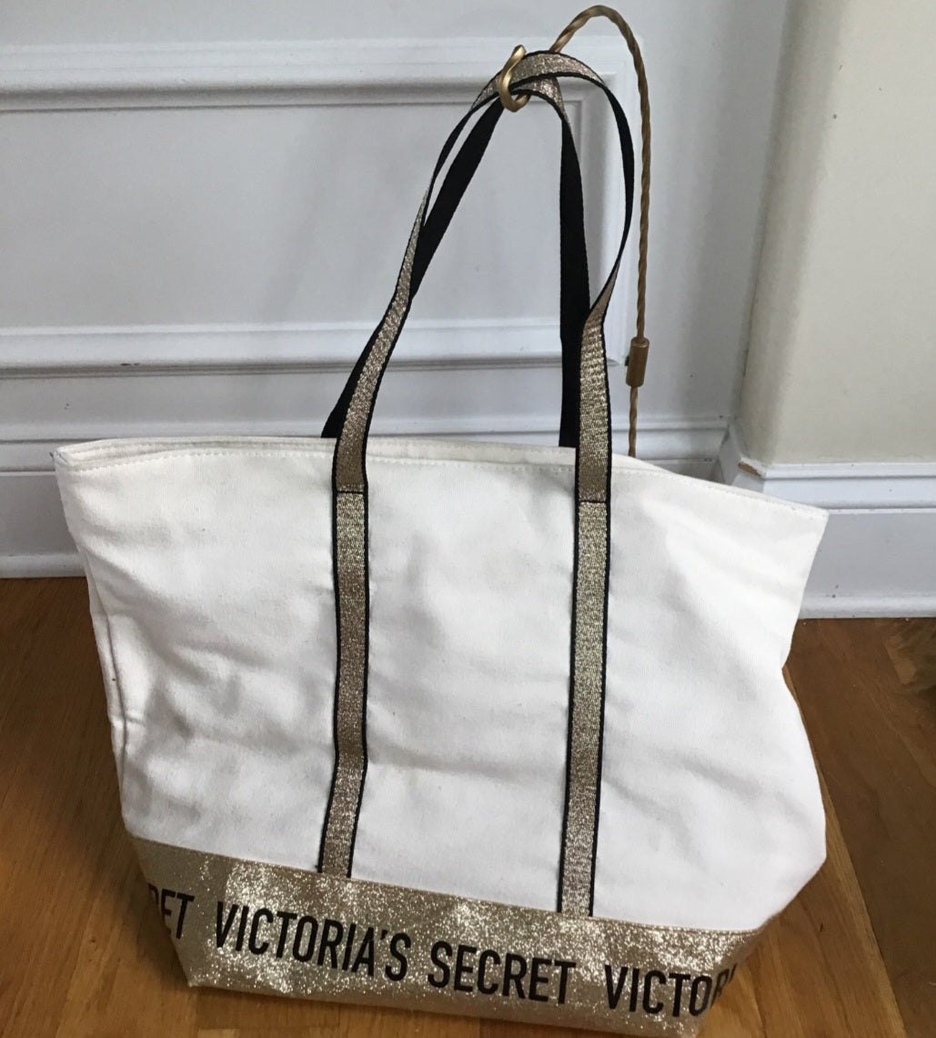 Victoria Secret Canvas Tote w Gold glitttery accent