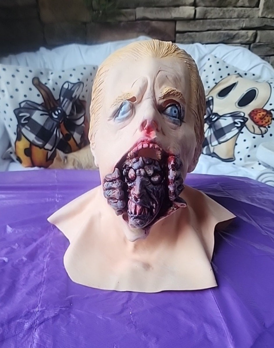Horror latex Mask with alien coming out of man's Mouth