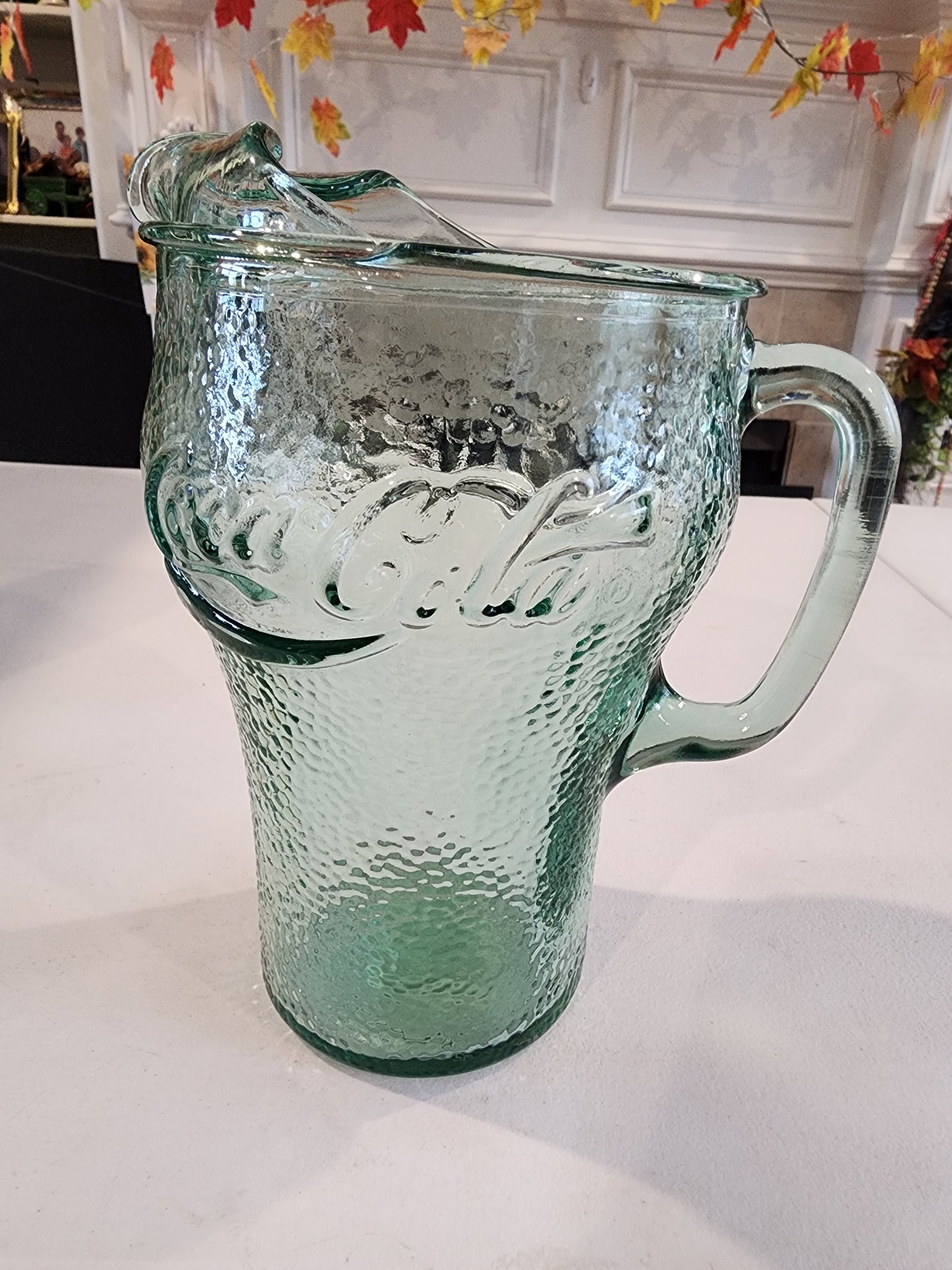 Vintage Heavy Green Pebbled Glass Coca-Cola / Coke Pitcher 64 Oz w/ Ice Lip