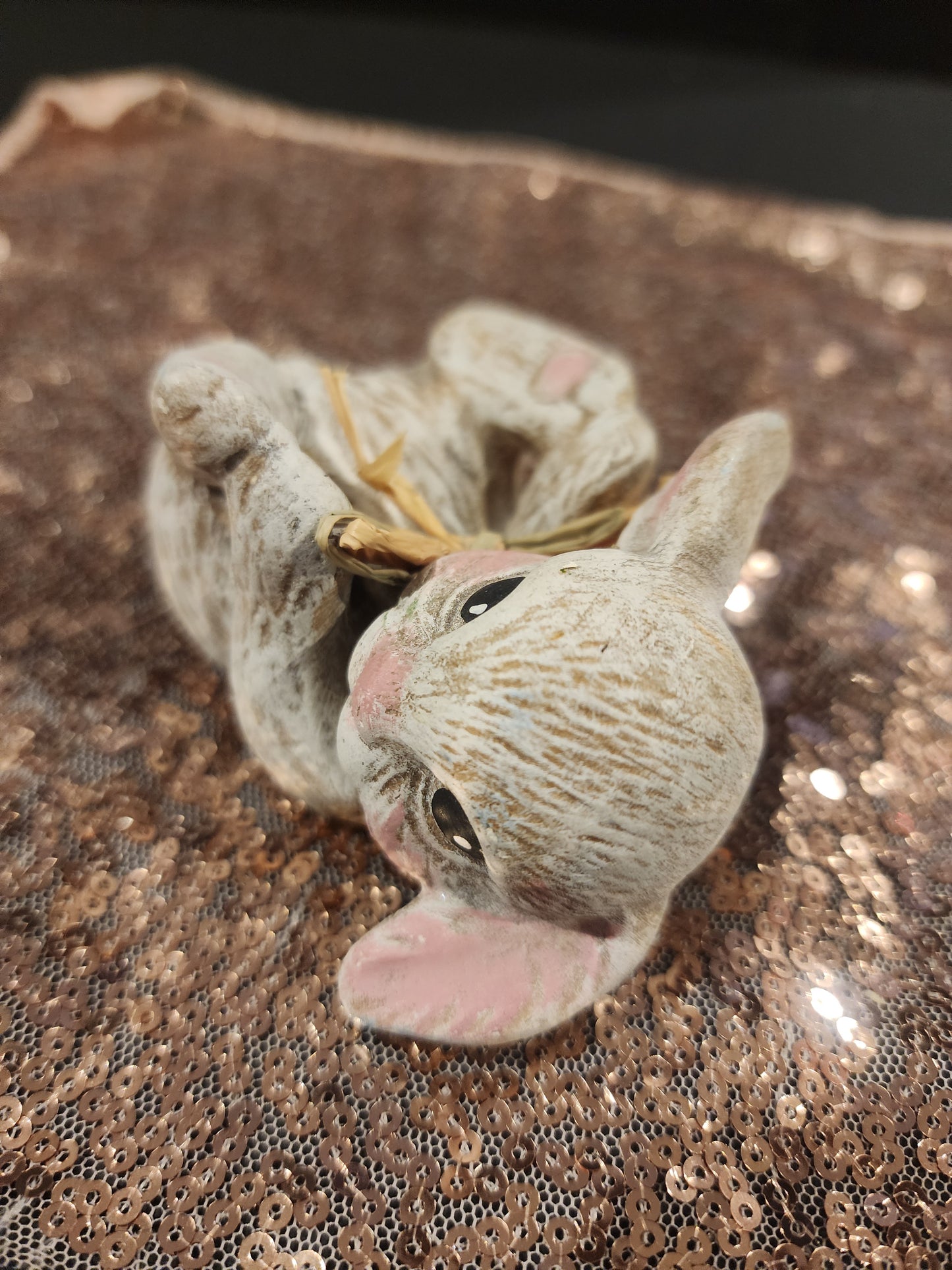 Cute Ceramic Rabbit laying playfully on back just in time for Easter