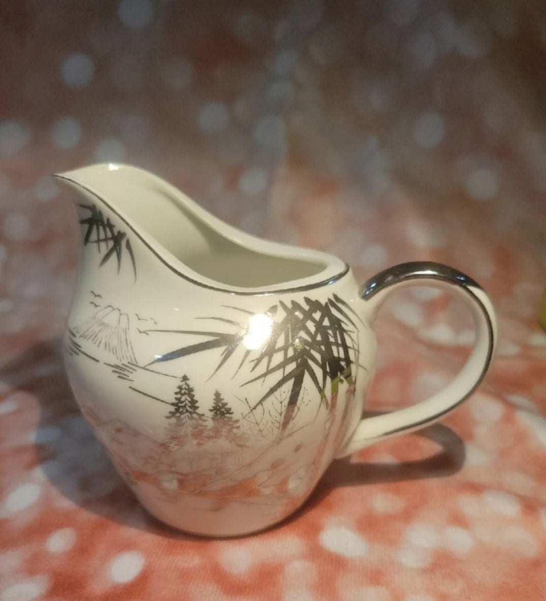 Vintage Kutani China Creamer - Hand Painted Japan, Platinum Silver Trim