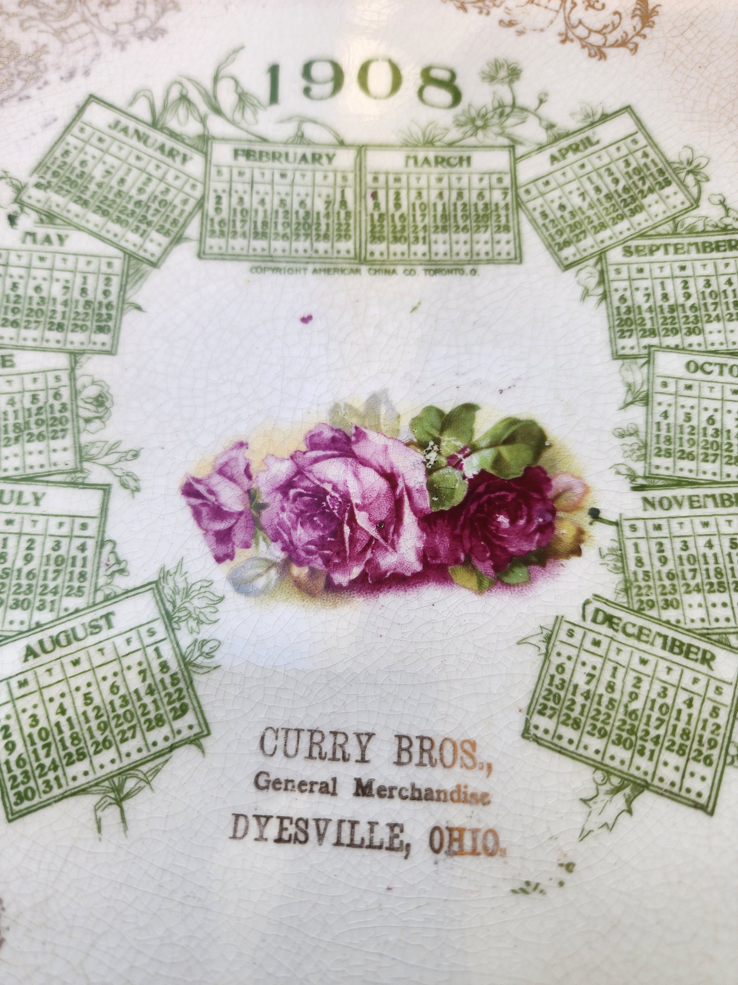Antique 1908 Advertising Calendar Plate Curry Bros General Merchandise Ohio