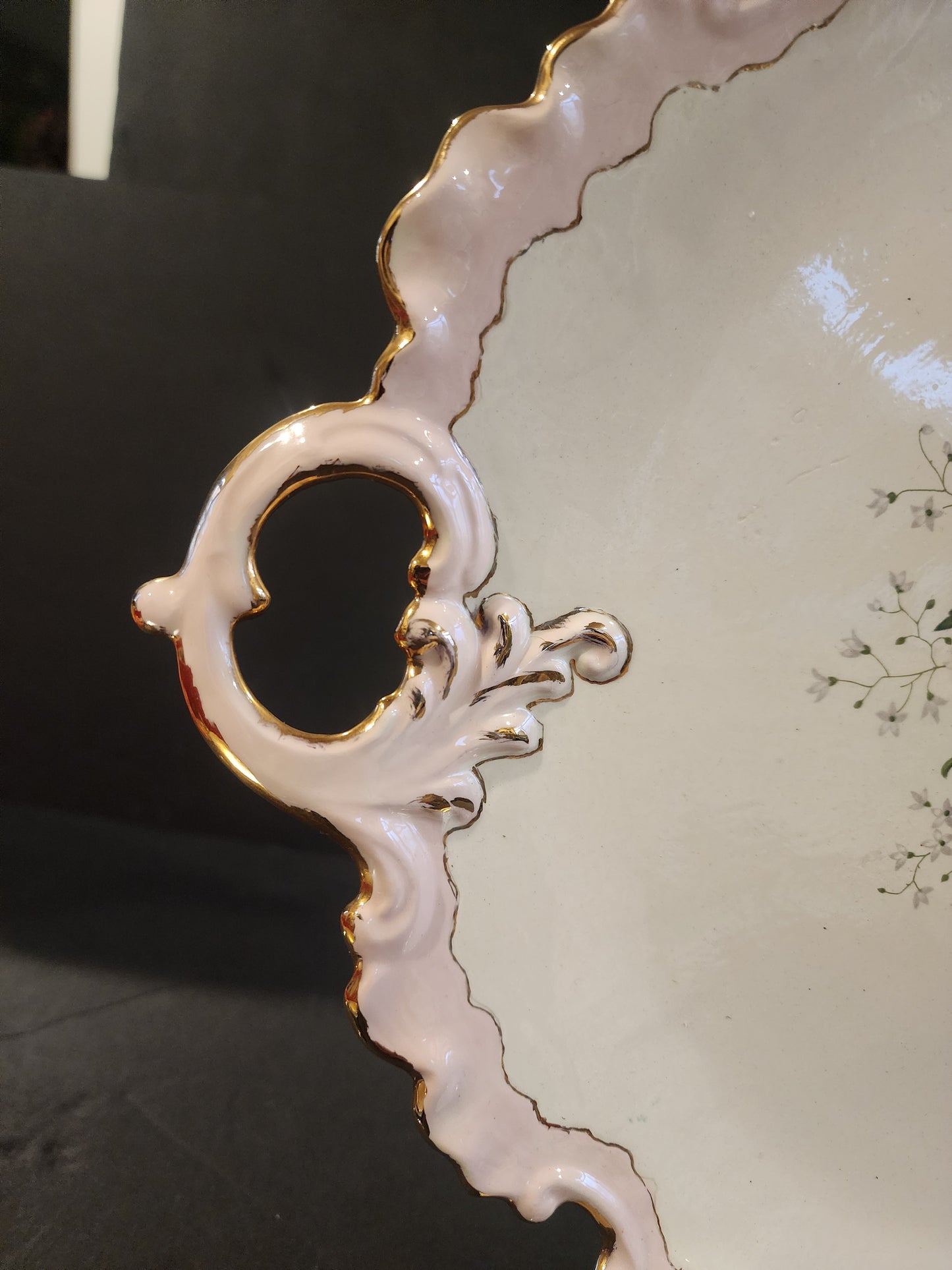 Antique 16" Hand Painted Porcelain Charger - Pink Moss Roses -