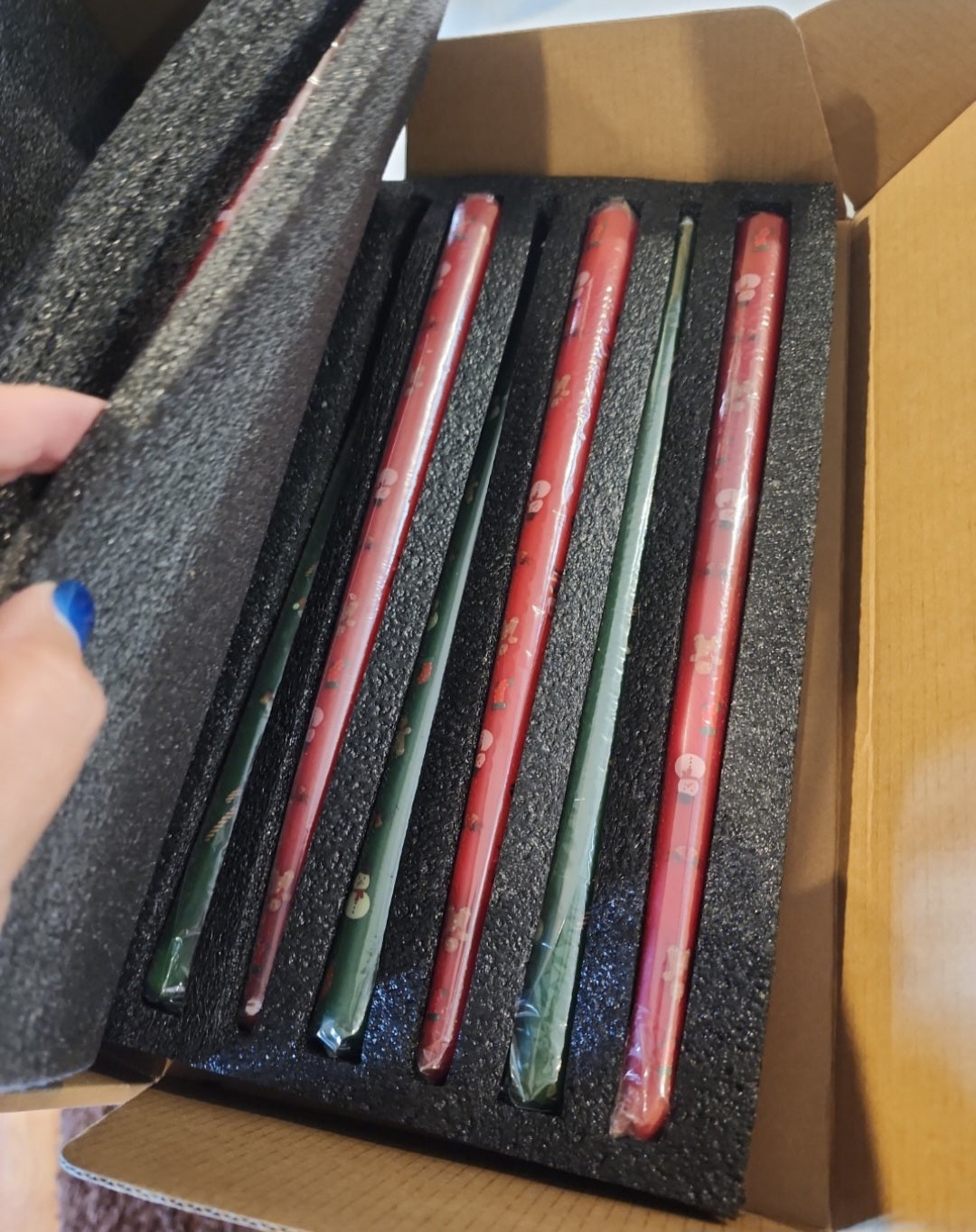 New 12 Christmas 12" taper Candles 6 Red & 6 Green with snowmen. Santa's, Christmas Trees & peppermint.