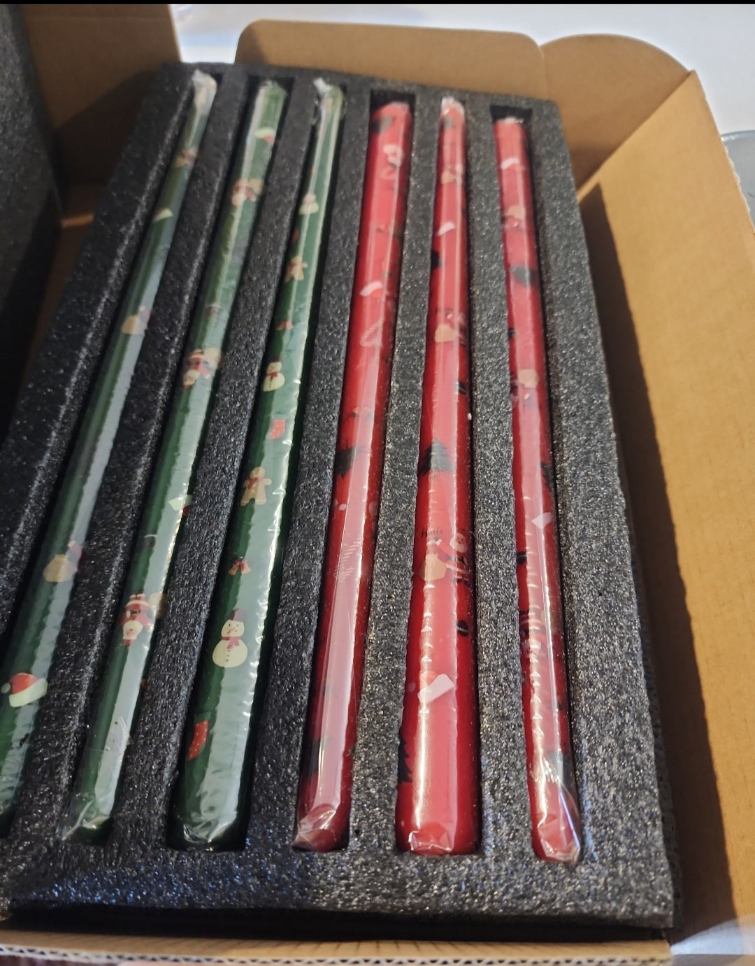 New 12 Christmas 12" taper Candles 6 Red & 6 Green with snowmen. Santa's, Christmas Trees & peppermint.