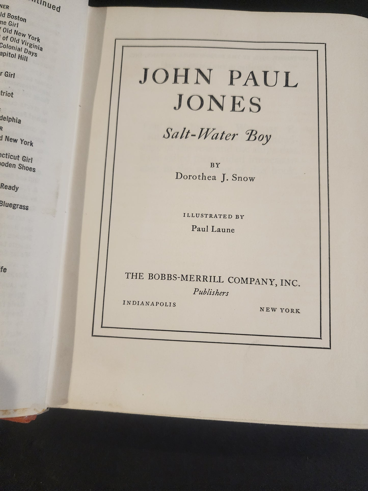 John Paul Jones Salt Water Boy by Snow Dorothea, Used 1st Edition 1950 HB Book