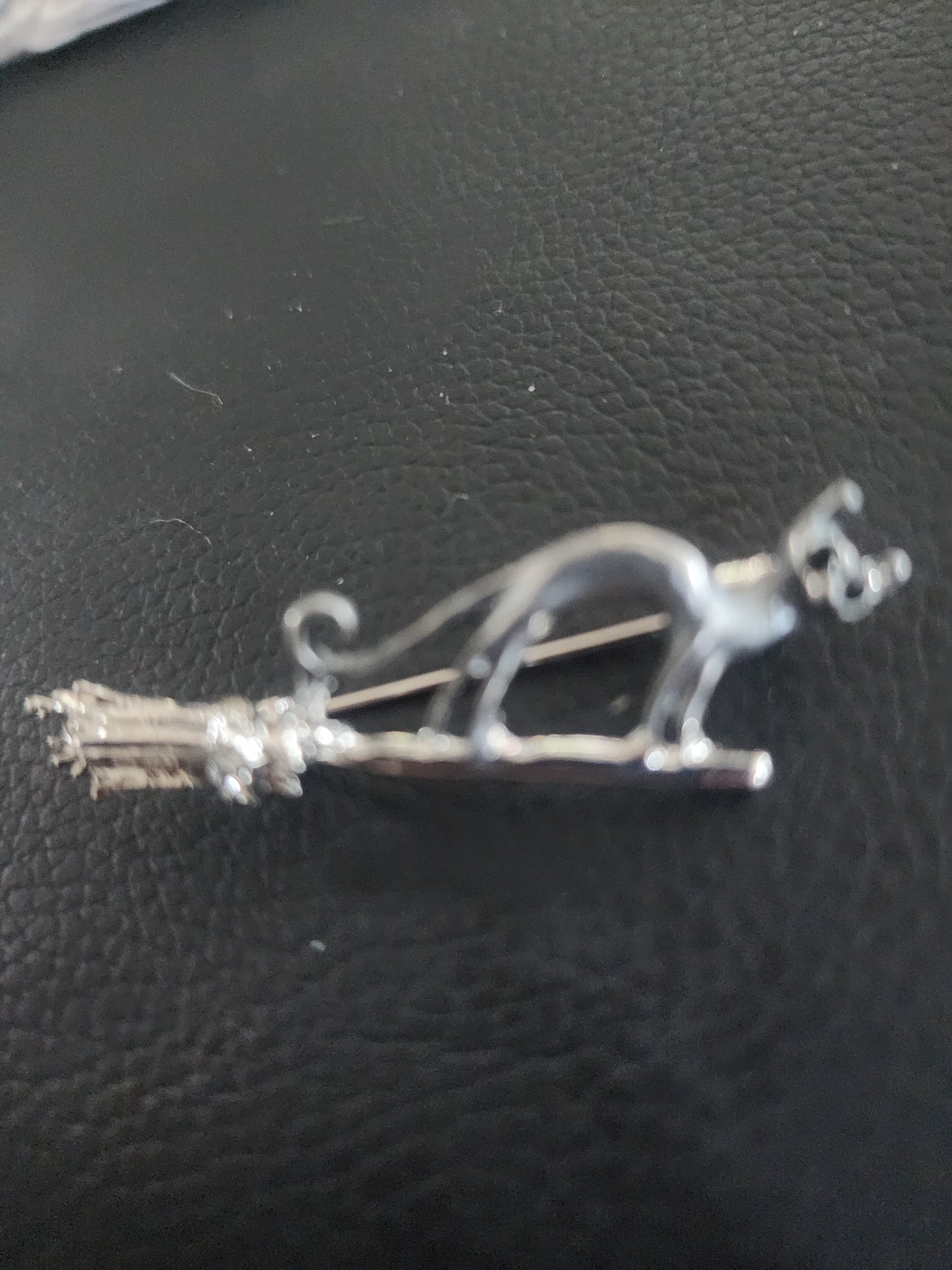 Vintage-Style Silver Tone Cat and Broom Pin Brooch