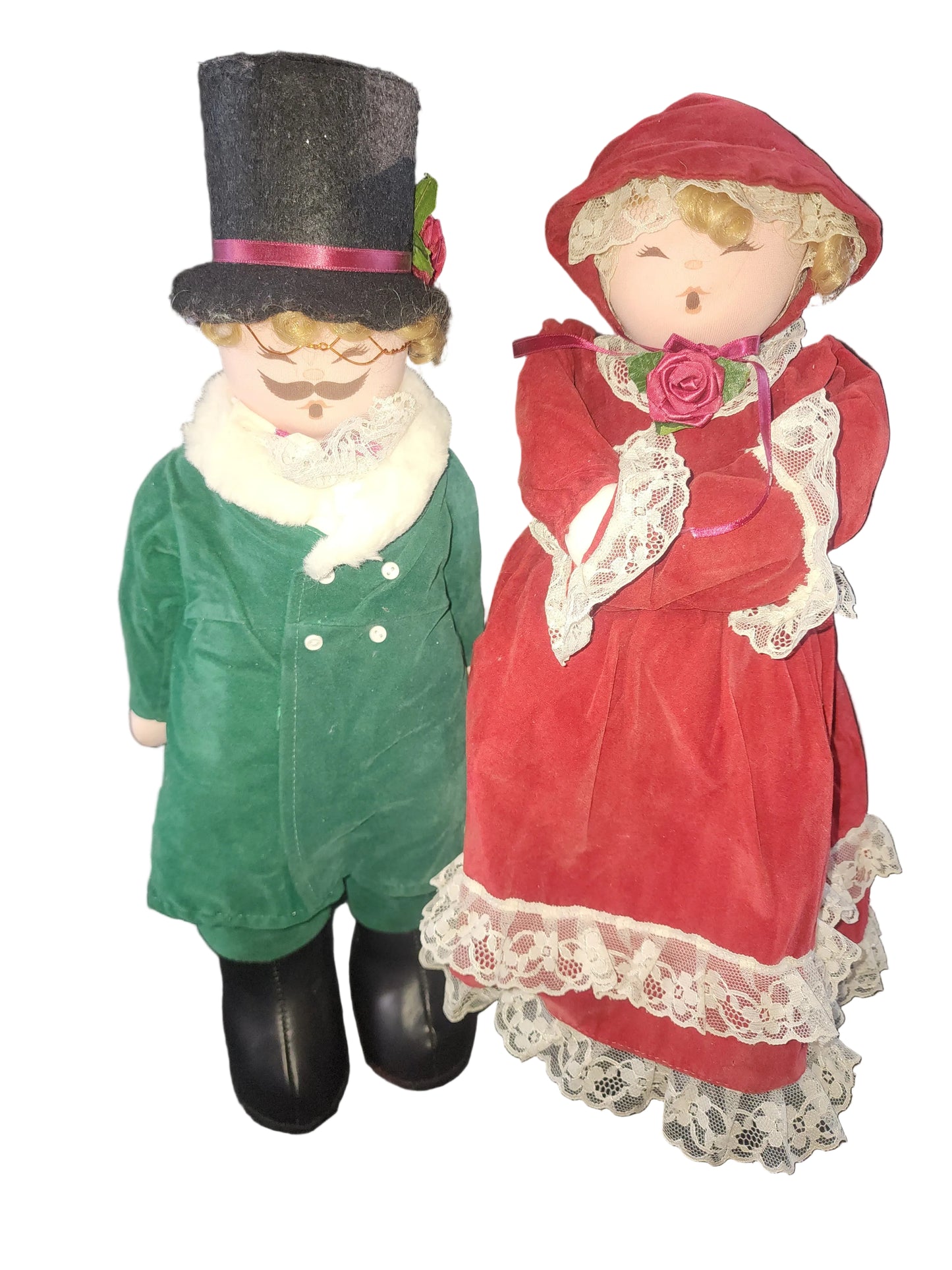 Vintage Christmas CAROLER Dolls Man & Woman Dolls Plush Figures 17”Holiday Set