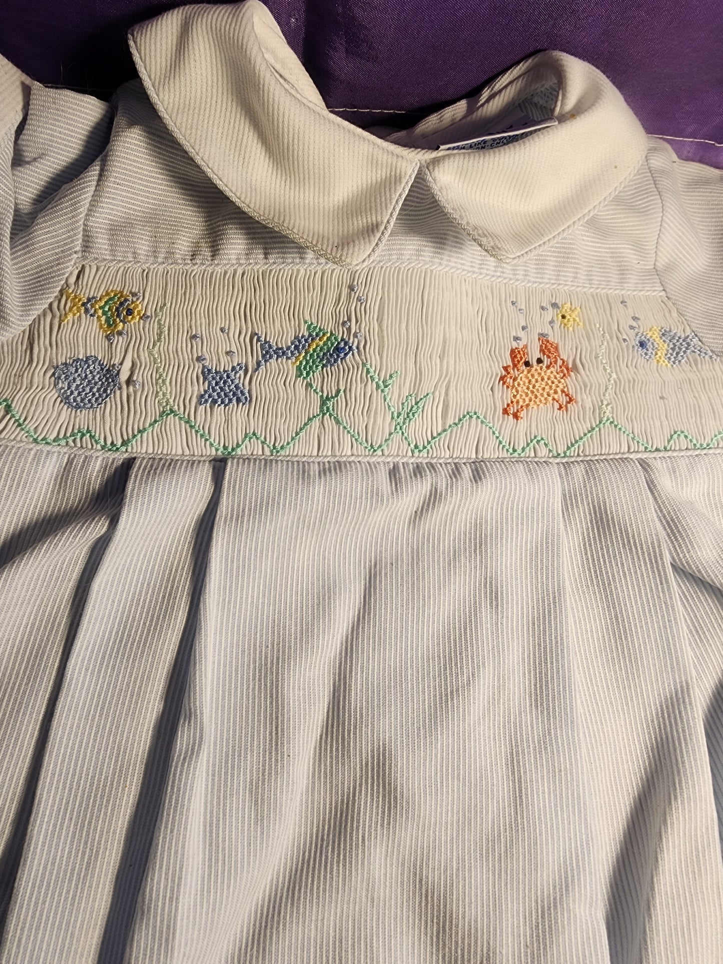 Friedknit Creations Smocked Baby Blue Beach ocean 3 Month Romper for boy