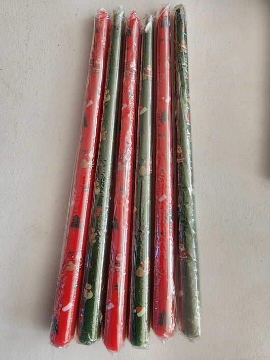 New 12 Christmas 12" taper Candles 6 Red & 6 Green with snowmen. Santa's, Christmas Trees & peppermint.
