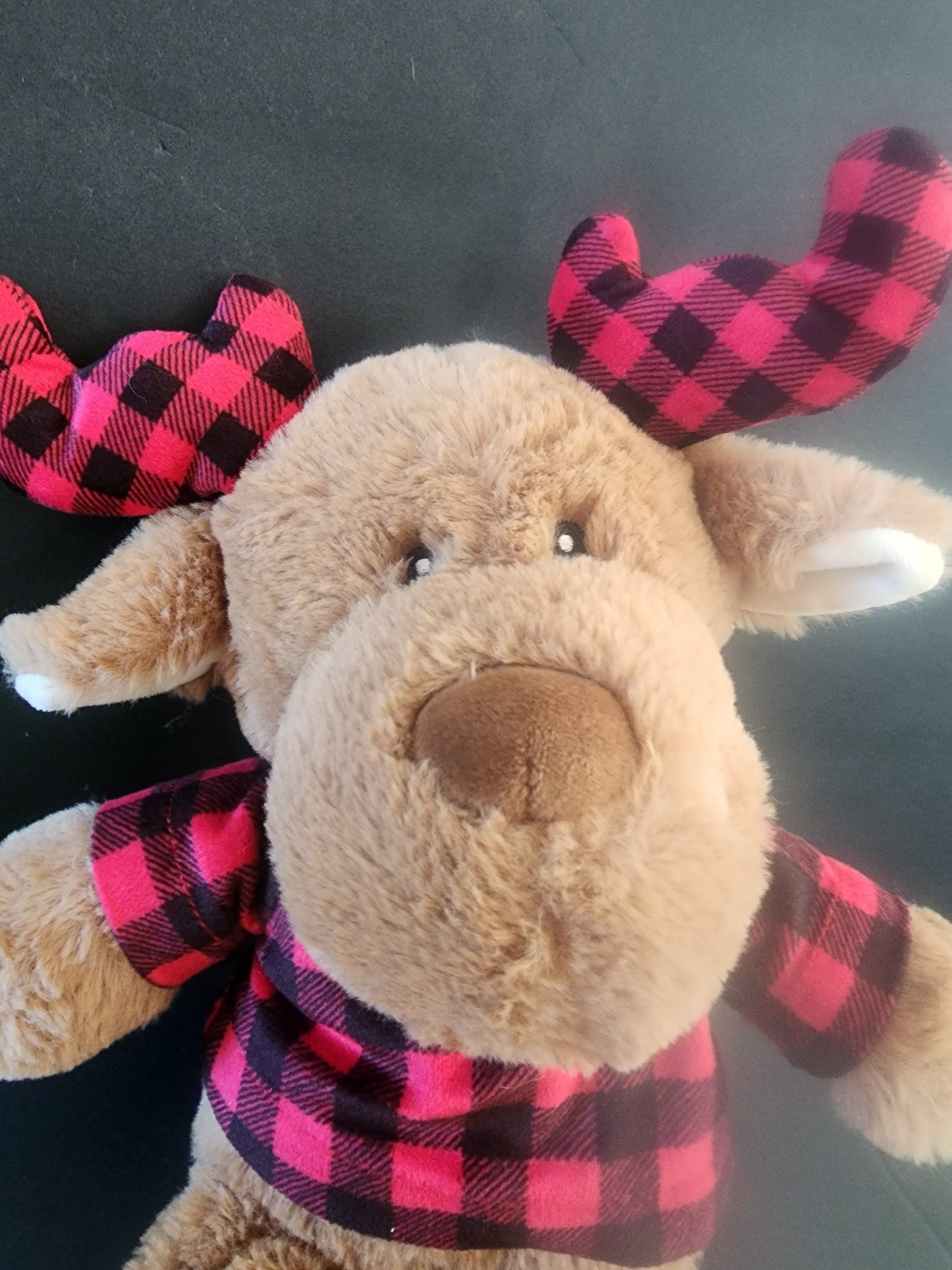 Plush Cuddle Stuffed Animal Brown Moose Rattles With Red Plaid Scarf and Ears