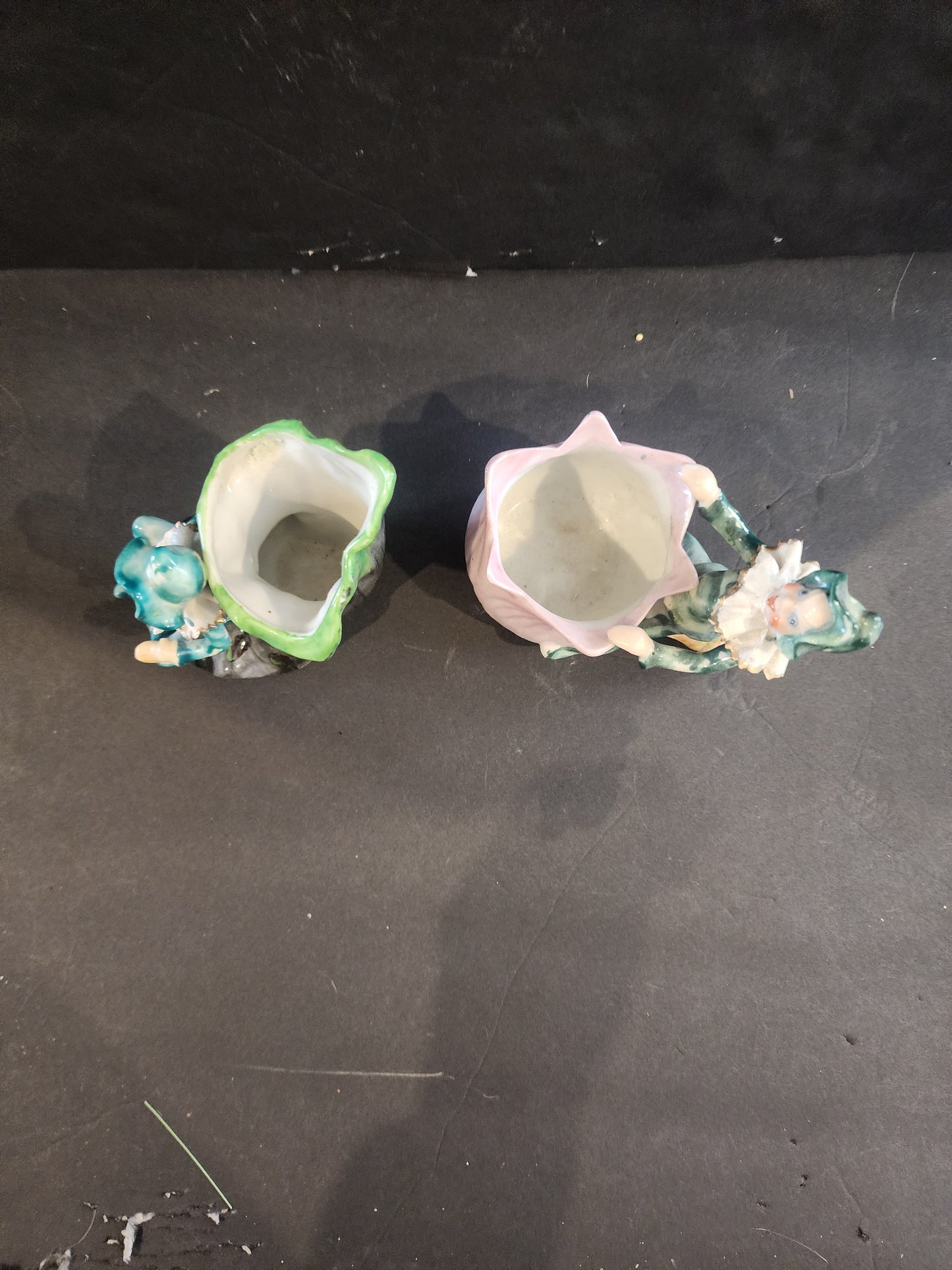 Vintage Mid-Century Green Pixie & Pink Whimsical Tulip Ceramic Planter Set - 1940s/1950s Made in Japan