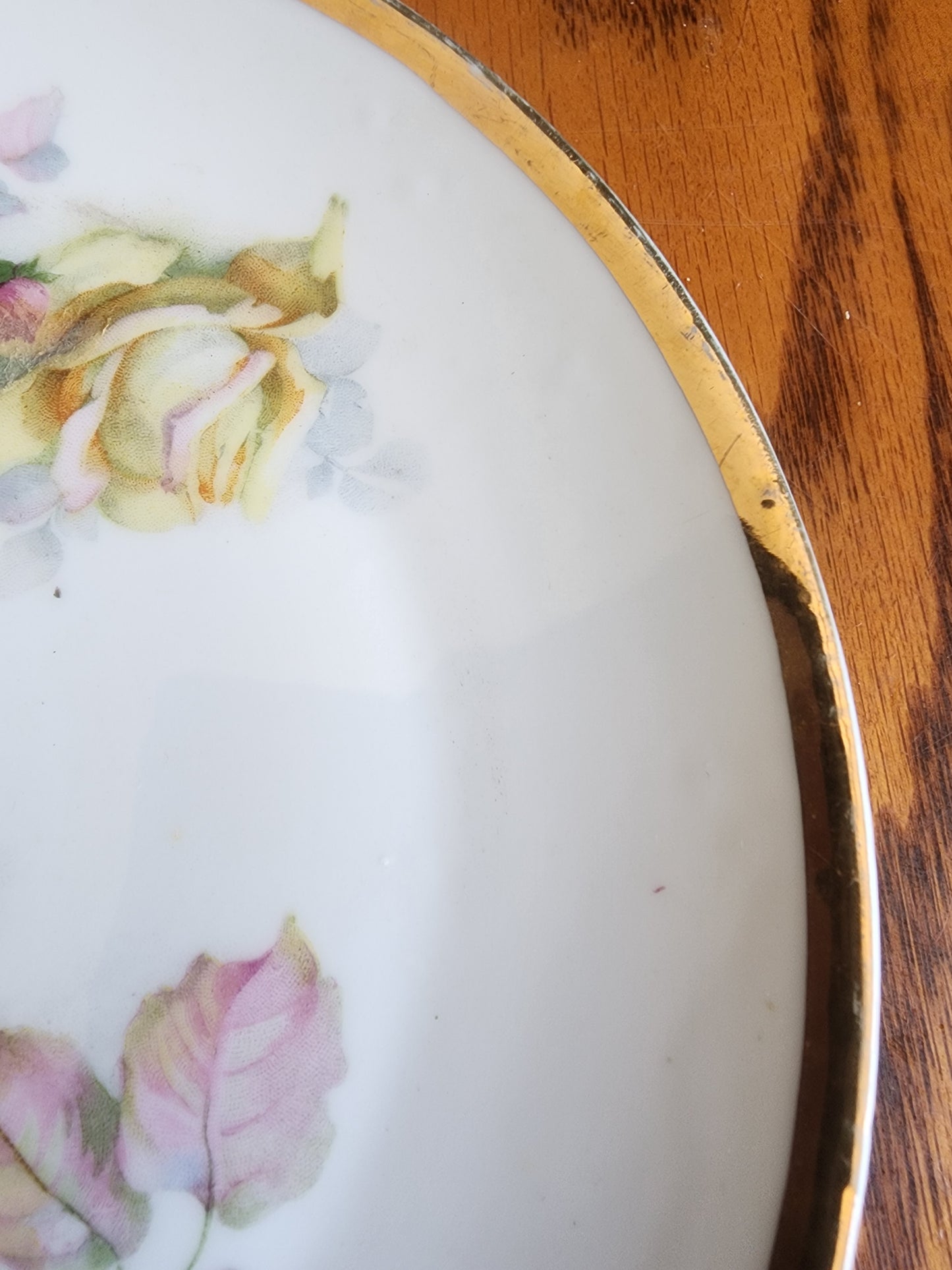 >Antique Z.S. & Co Bavaria Porcelain Plate - Pink & Yellow Roses - 7 5/8" - Gold Rim
