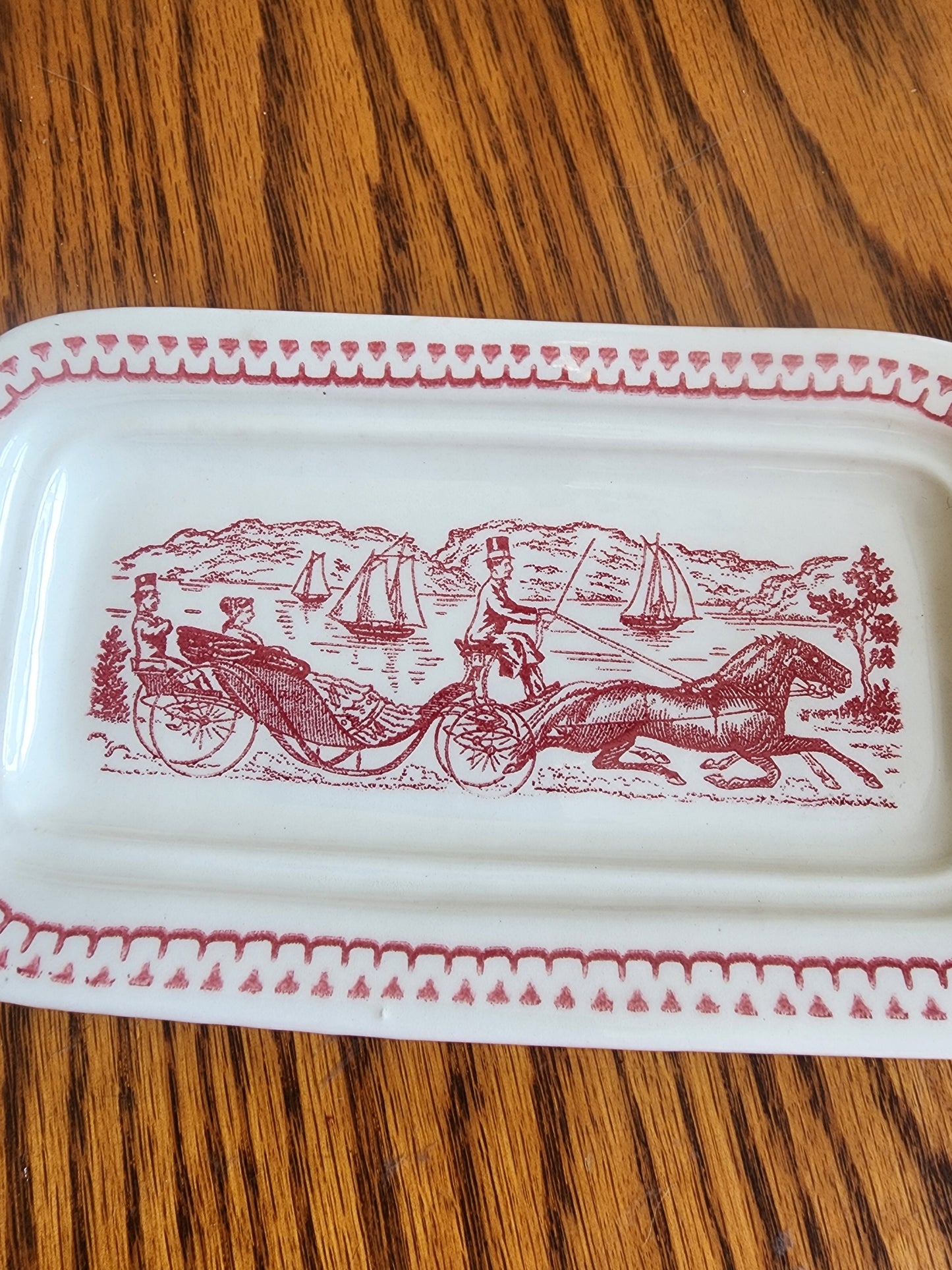 "Vintage Royal China 'Memory Lane' pink/red transferware butter dish base.