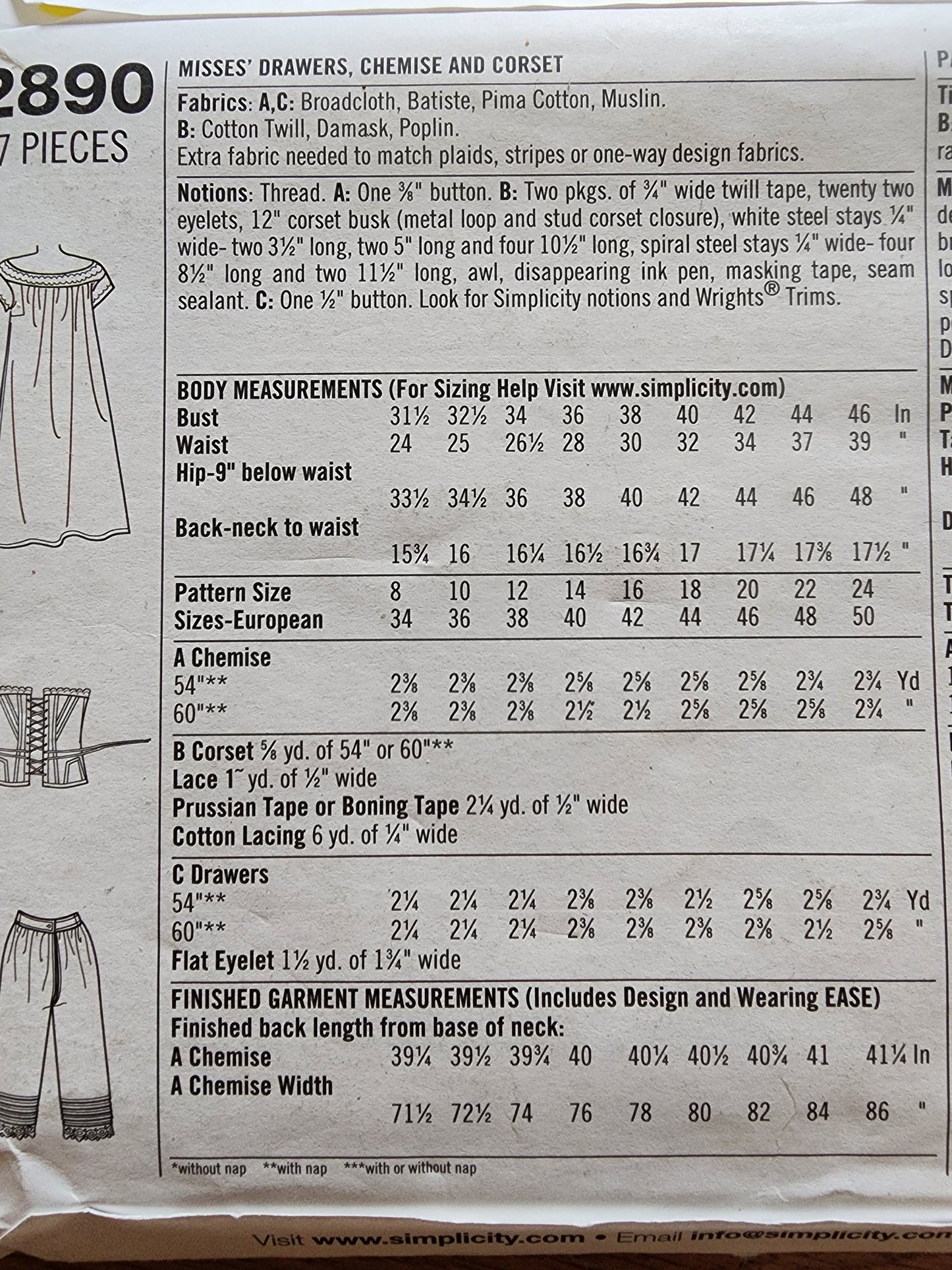 SIMPLICITY 2890 MISSES  CHEMISE DRAWERS & CORSET PATTERN-UNCUT-SIZES 16-24