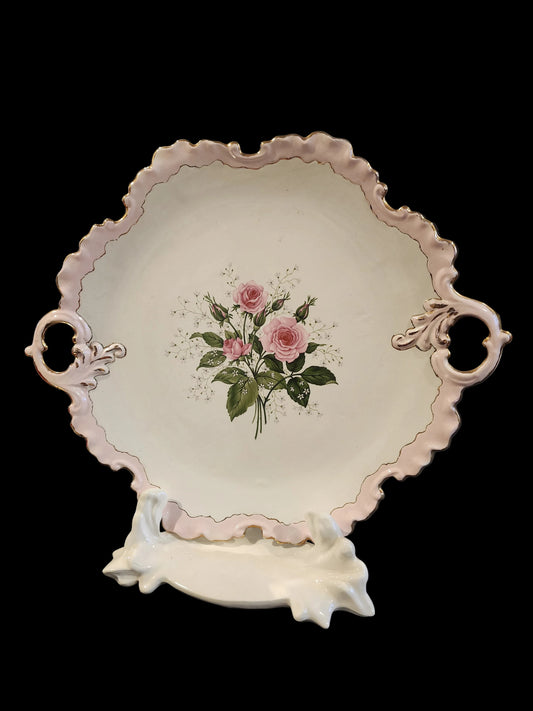 Antique 16" Hand Painted Porcelain Charger - Pink Moss Roses -
