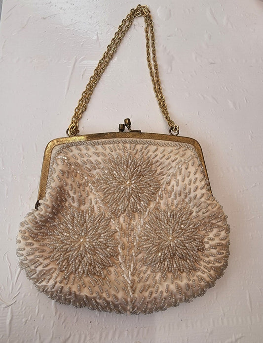 Vintage Beaded Purse Color Bone Inside Silk pale pink