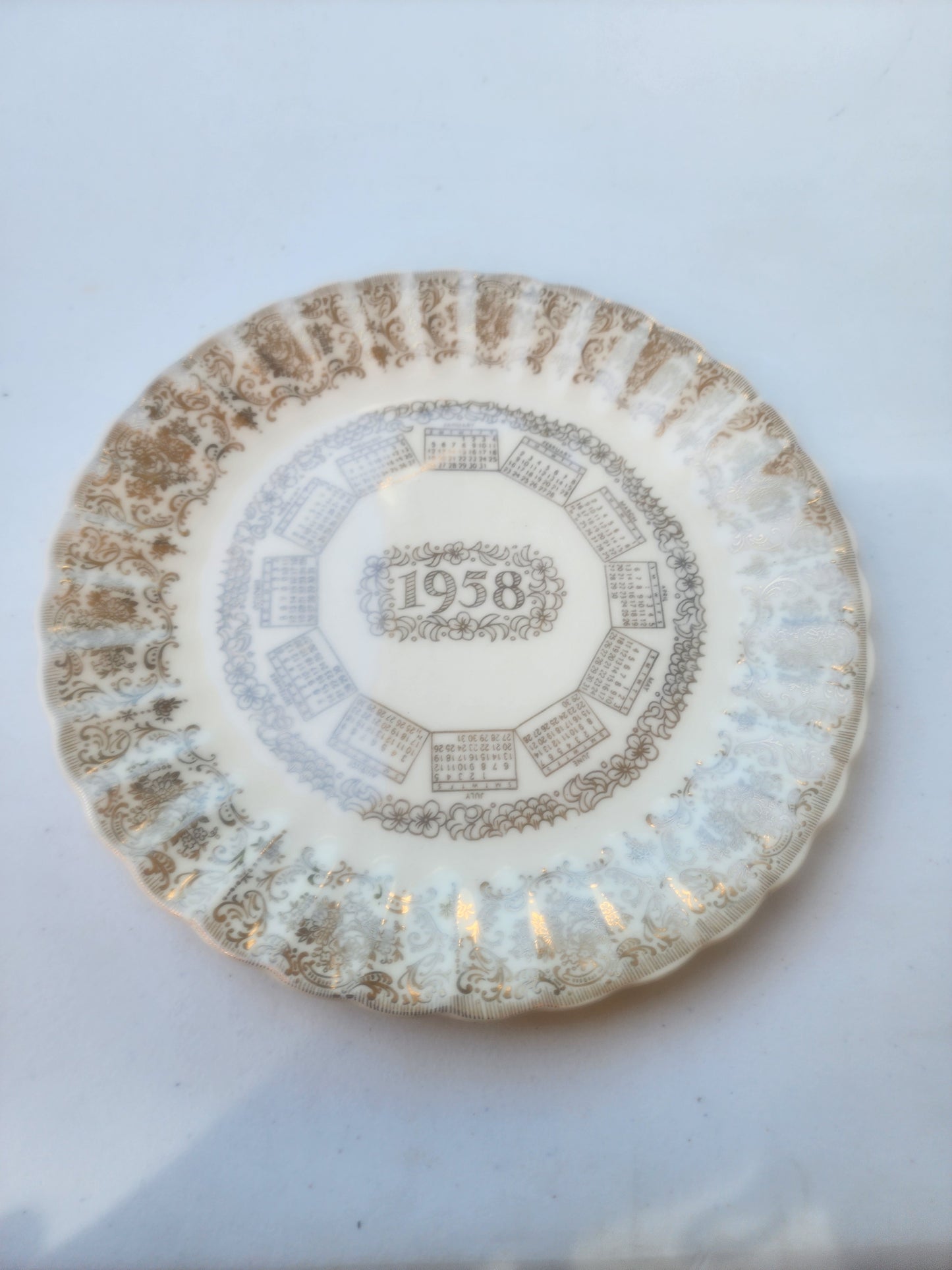 Vintage 1958 Calendar Plate 9.5" | Gold & White Mid-Century Decor