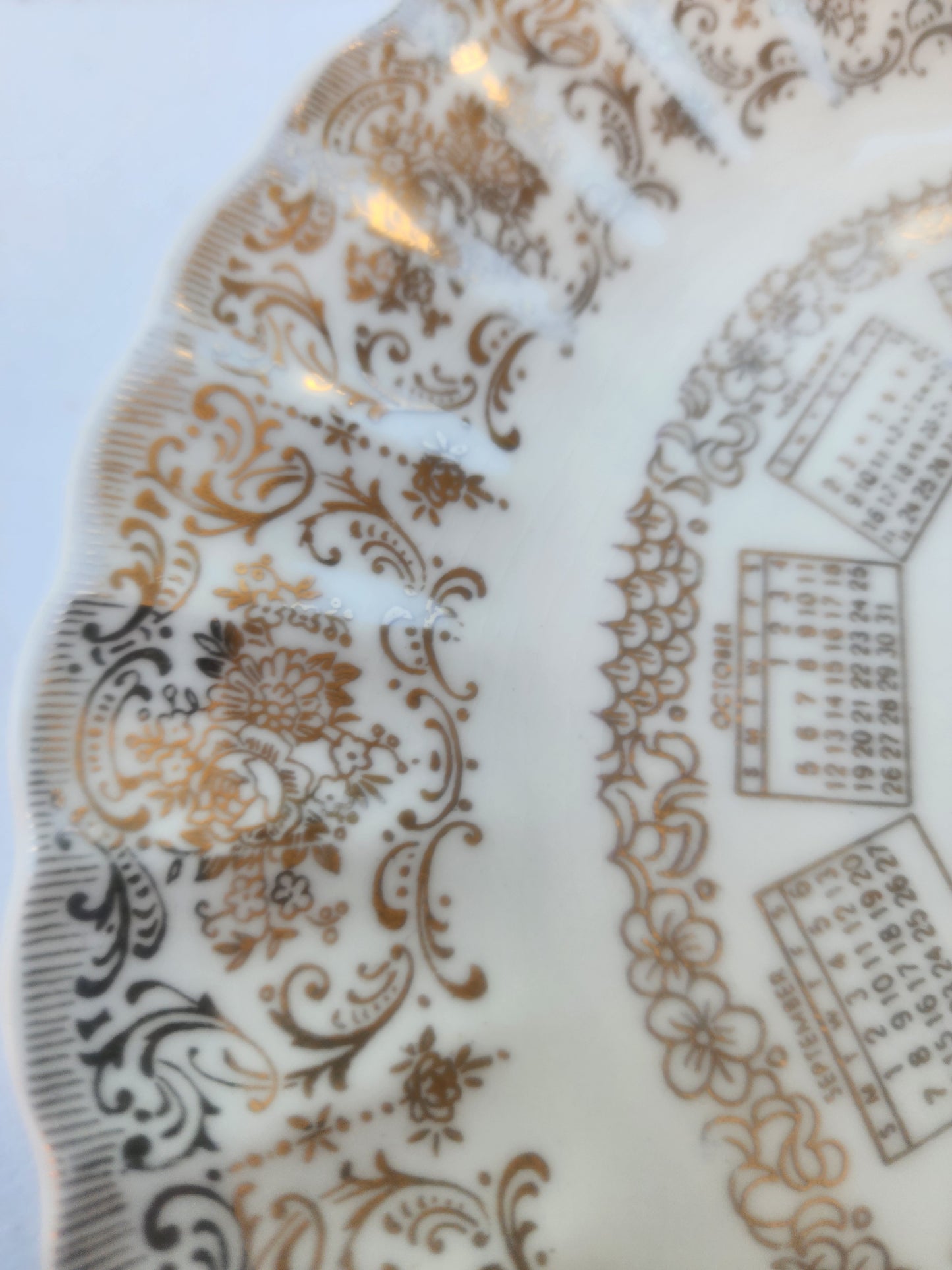 Vintage 1958 Calendar Plate 9.5" | Gold & White Mid-Century Decor