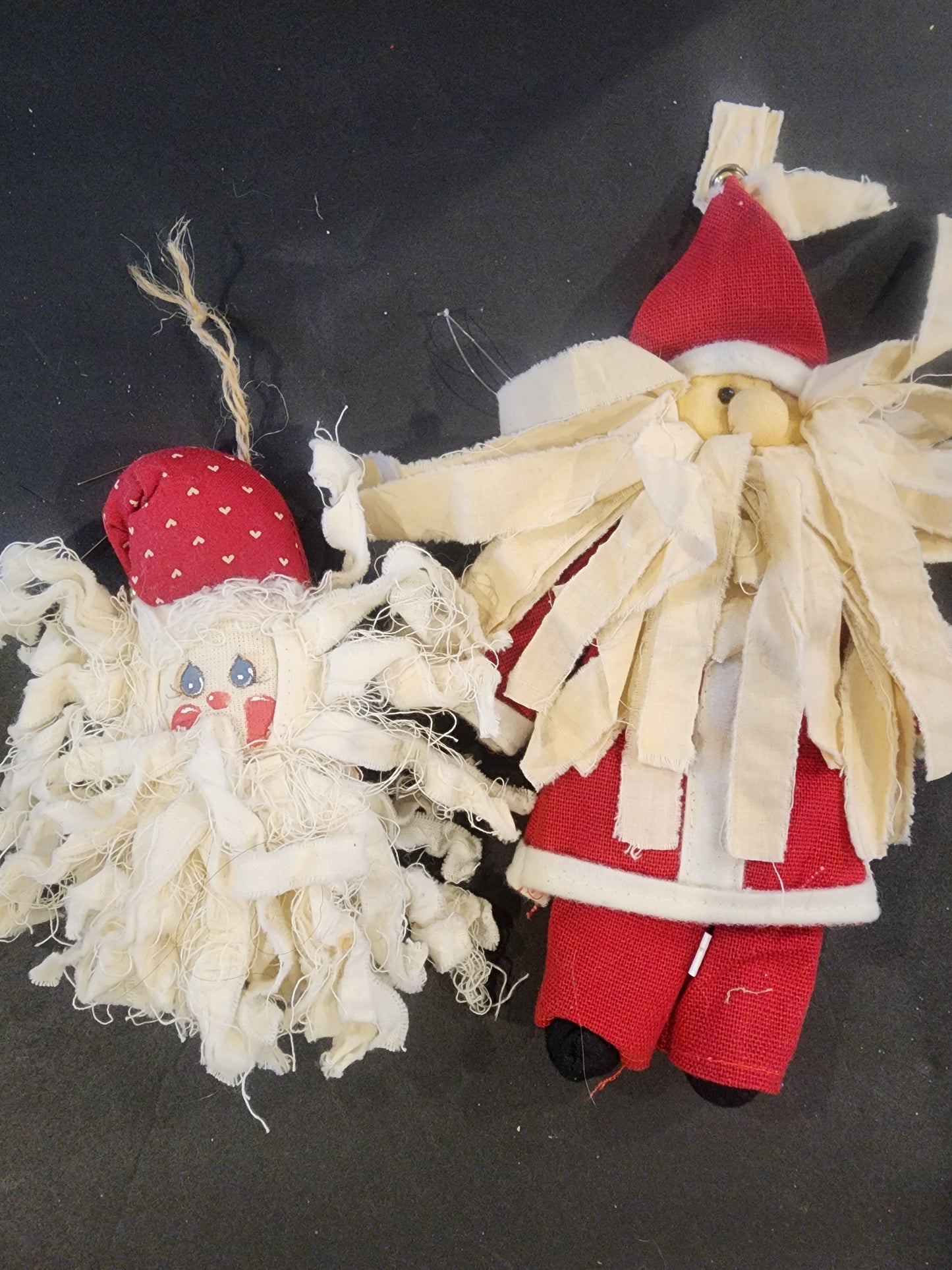 Two Christmas Ornaments Cloth Santa Claus with rag beard