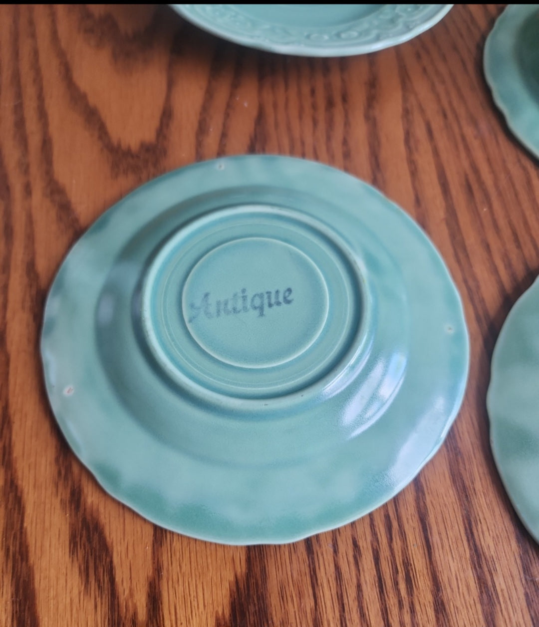 Vintage JMP Antique Green Floral Stoneware 3 Saucers & 2 Small Bowsl  set of 5