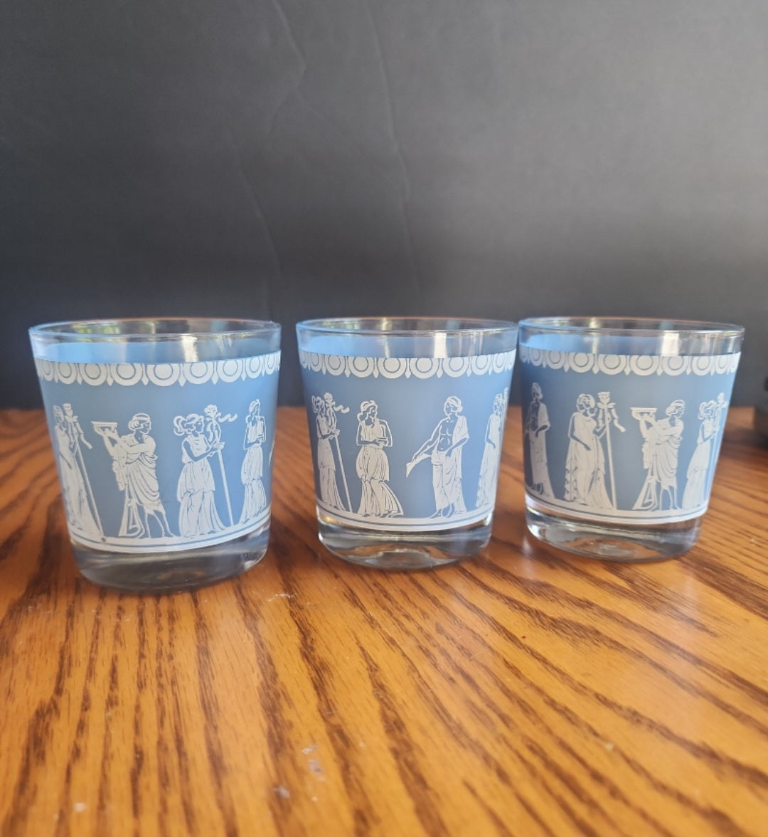 Set of 3 Vintage Jeannette Glass Hellenic Blue Jasperware Lowball Glasses