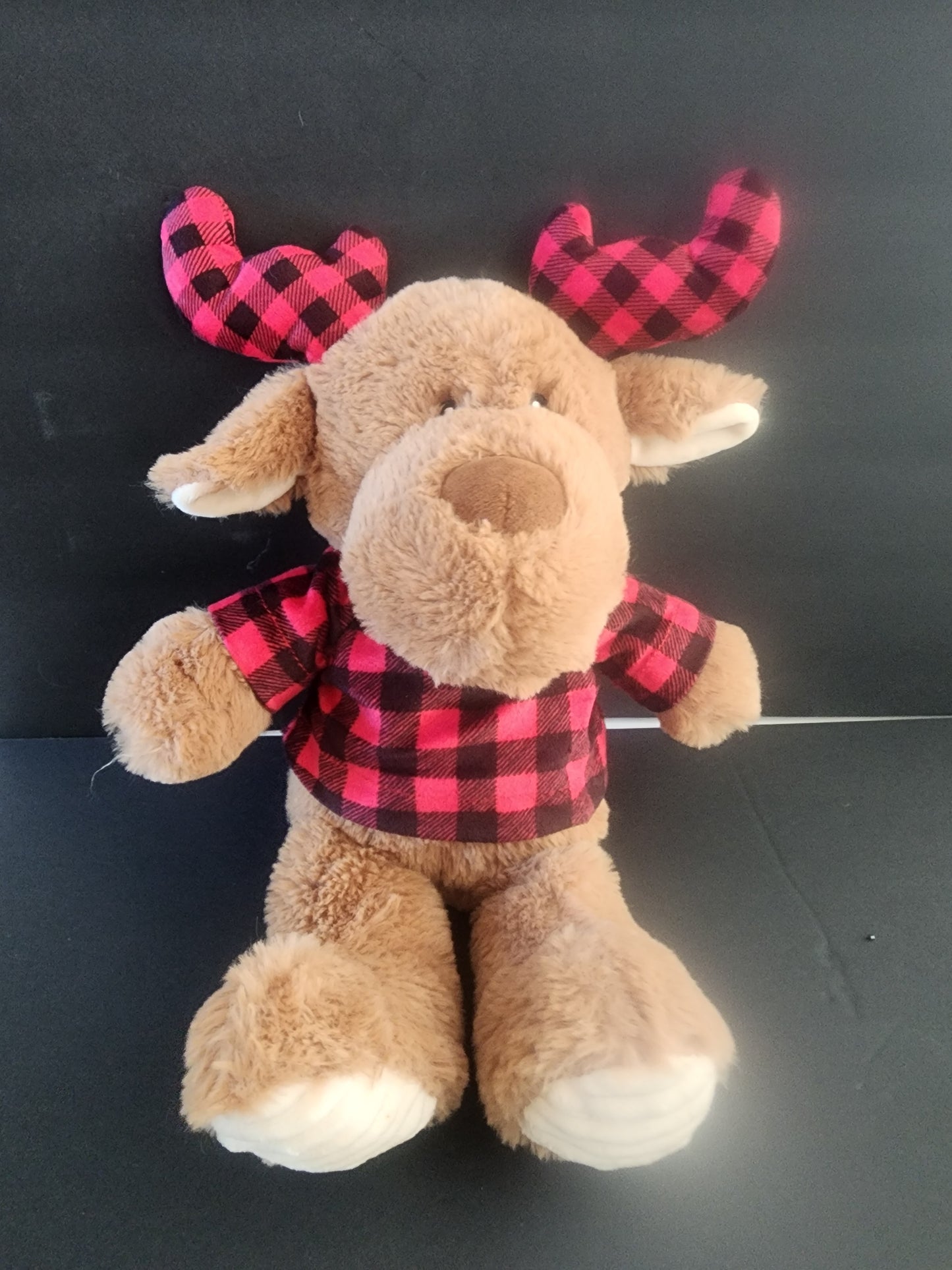 Plush Cuddle Stuffed Animal Brown Moose Rattles With Red Plaid Scarf and Ears