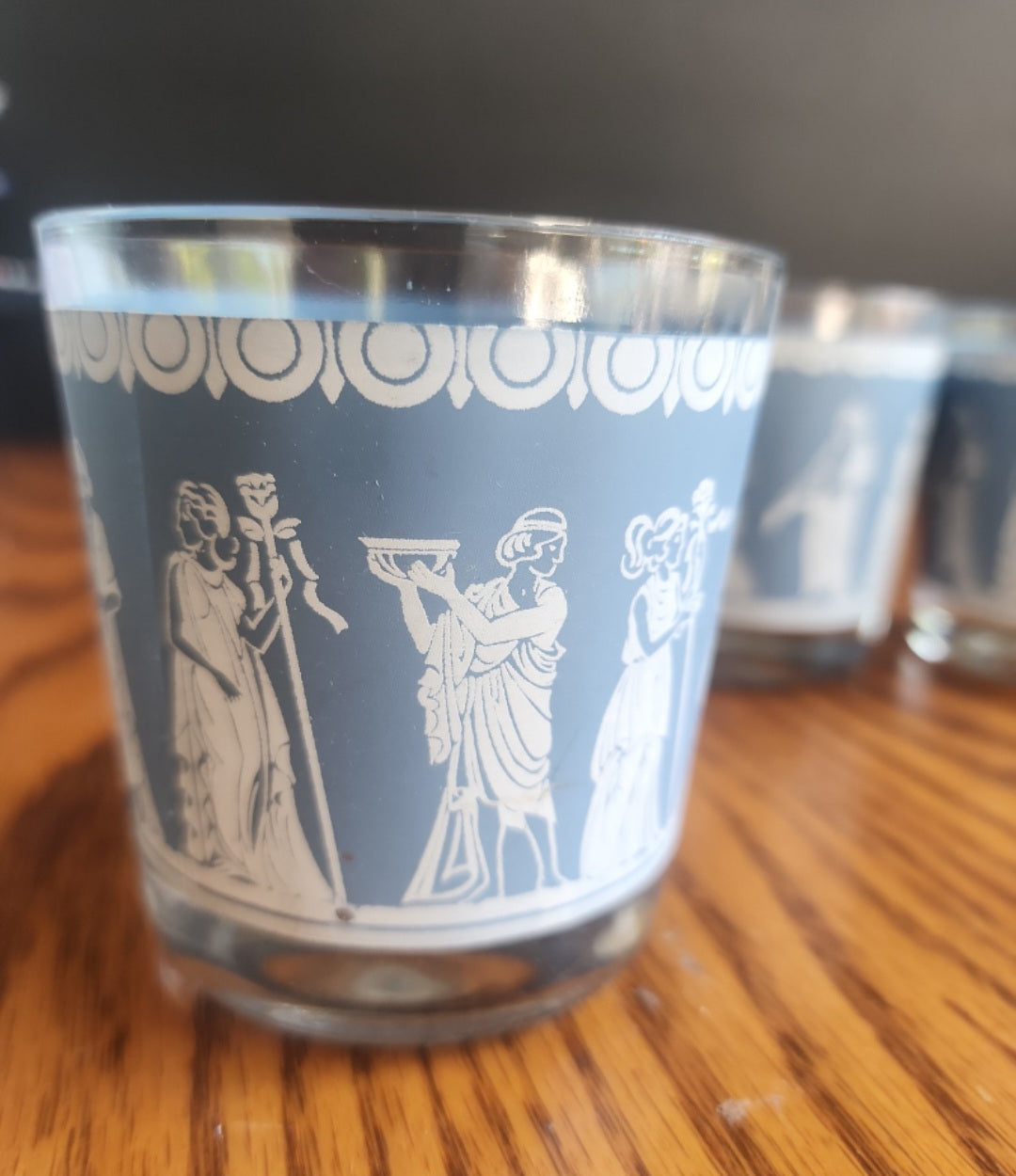 Set of 3 Vintage Jeannette Glass Hellenic Blue Jasperware Lowball Glasses