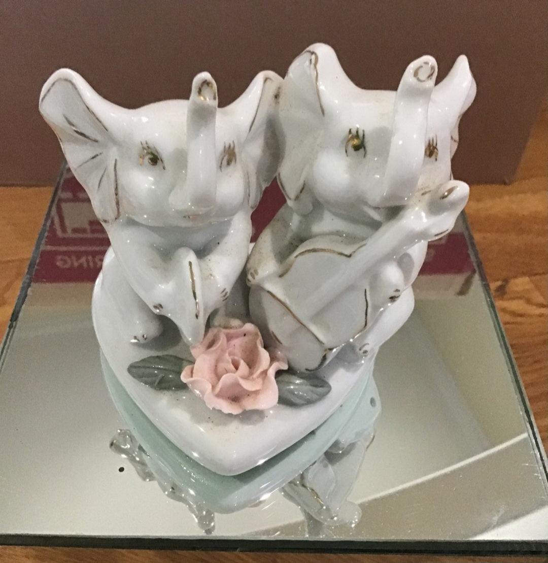 Vintage Victorian  2 sets of Porcelain Elephants on heart base with rose accents