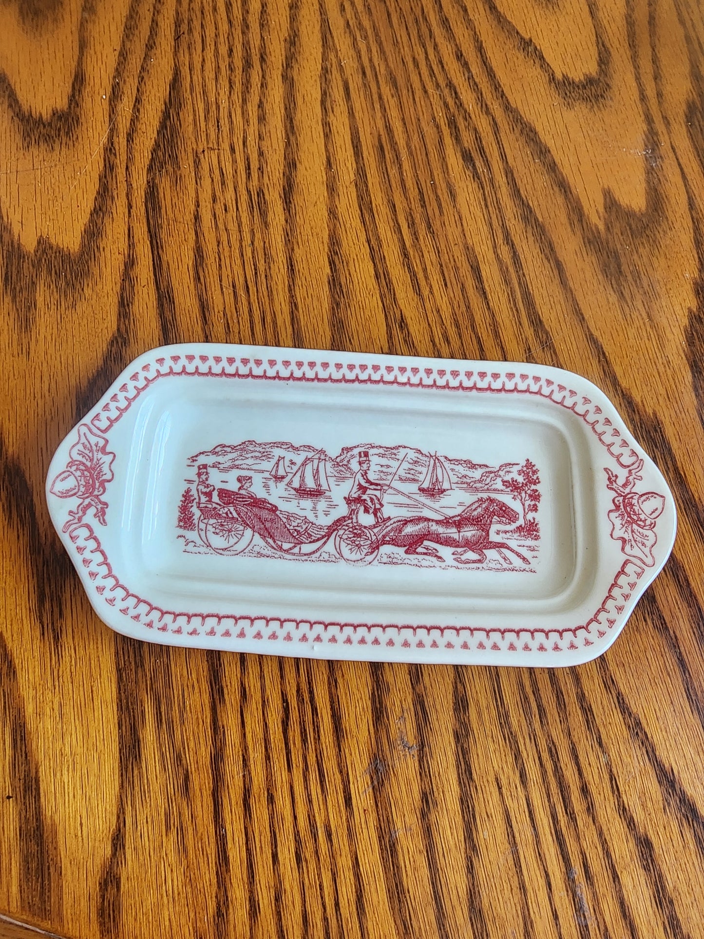 "Vintage Royal China 'Memory Lane' pink/red transferware butter dish base.