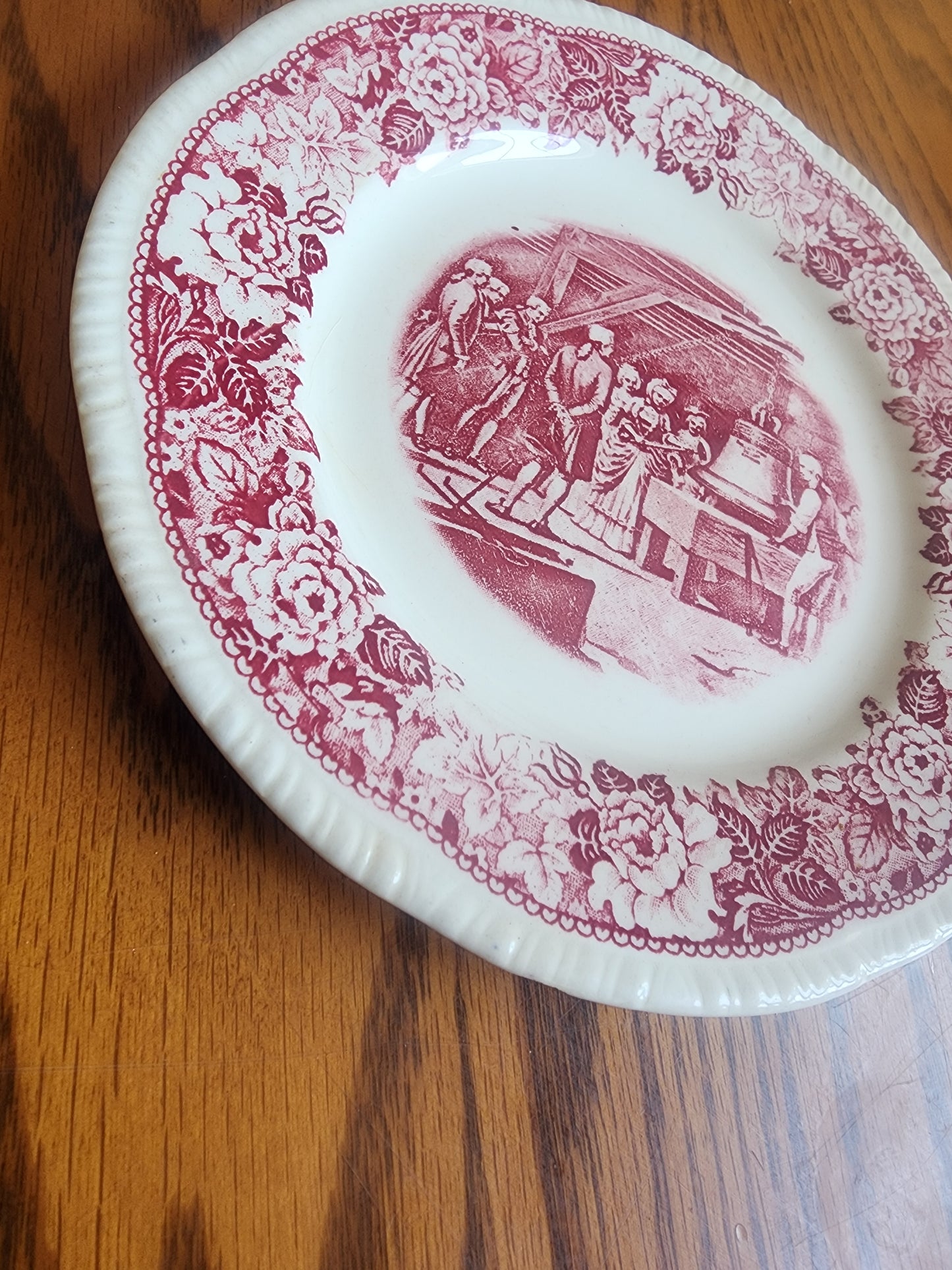 Vintage 1939 Homer Laughlin 7 3/8" salad plate in the "Historical America" pink transferware pattern