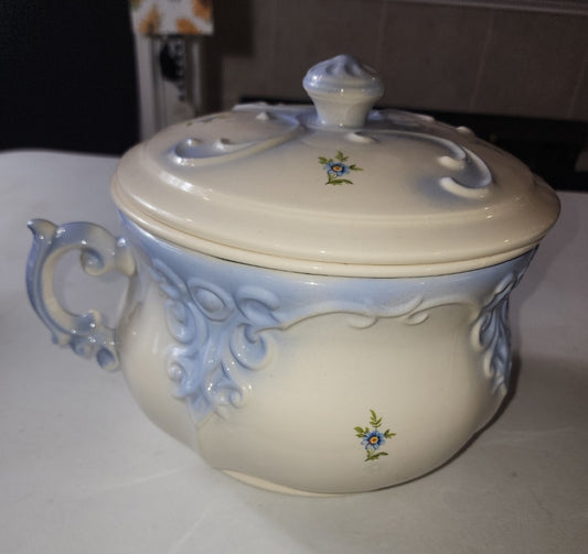 Vintage 3 piece Floral Ceramic Chamber Pot Victorian blue