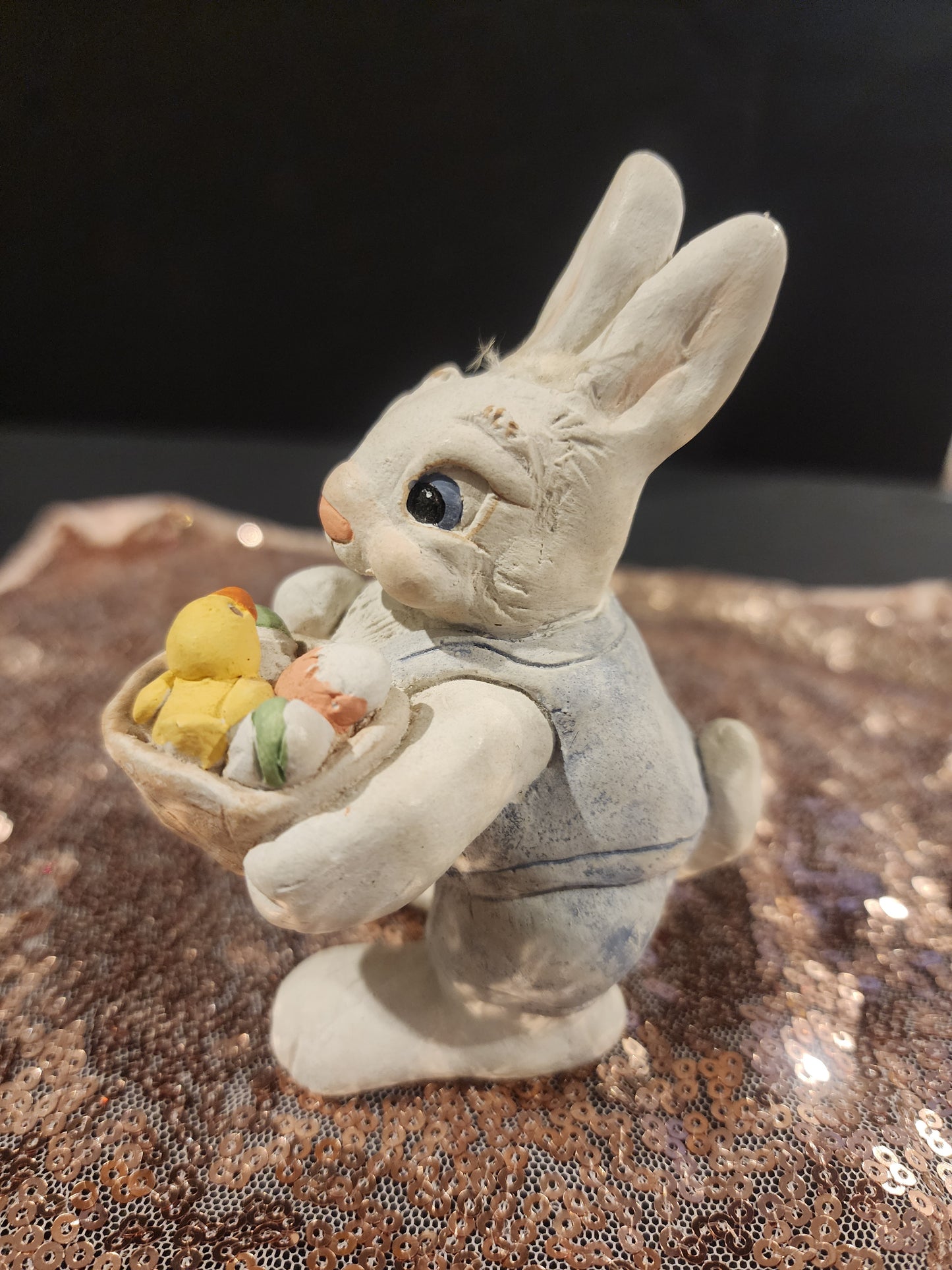 Vintage Dreamsicle Easter Bunny Figurine W/ Basket & chick