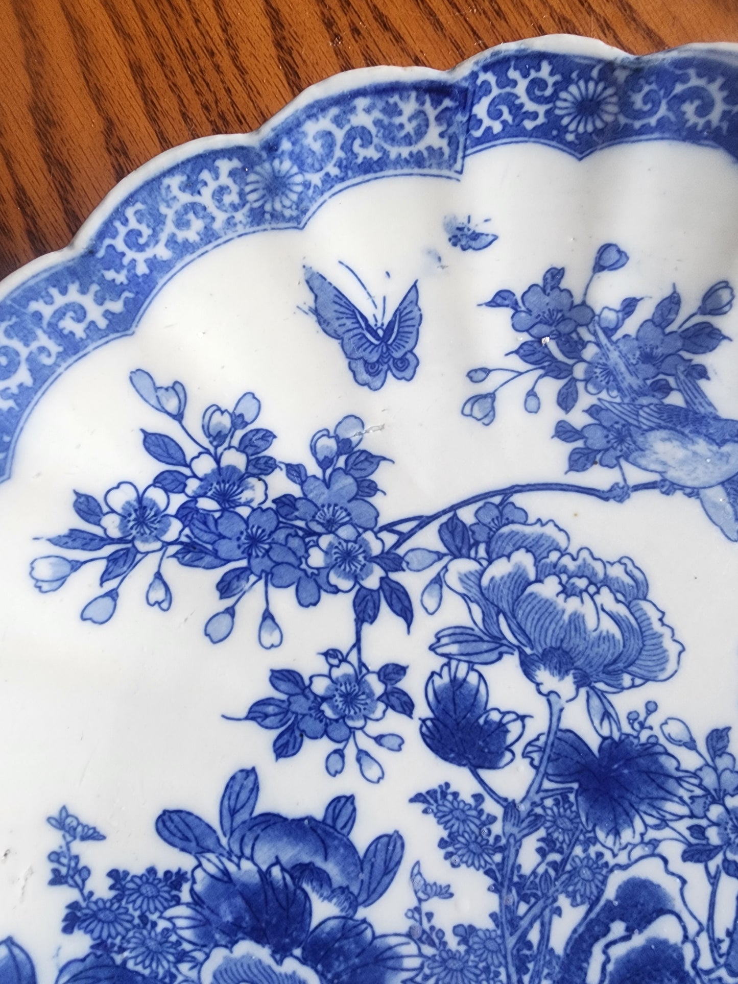 Antique Japanese Arita Blue & White 12" Shallow Bowl Peacock & Peony  Meiji Style