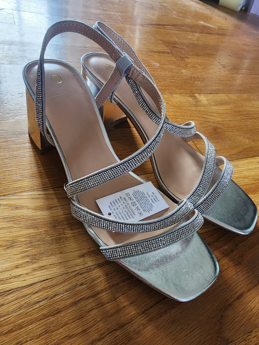 Elegant Silver Rhinestone Strap Sandals, Size 10