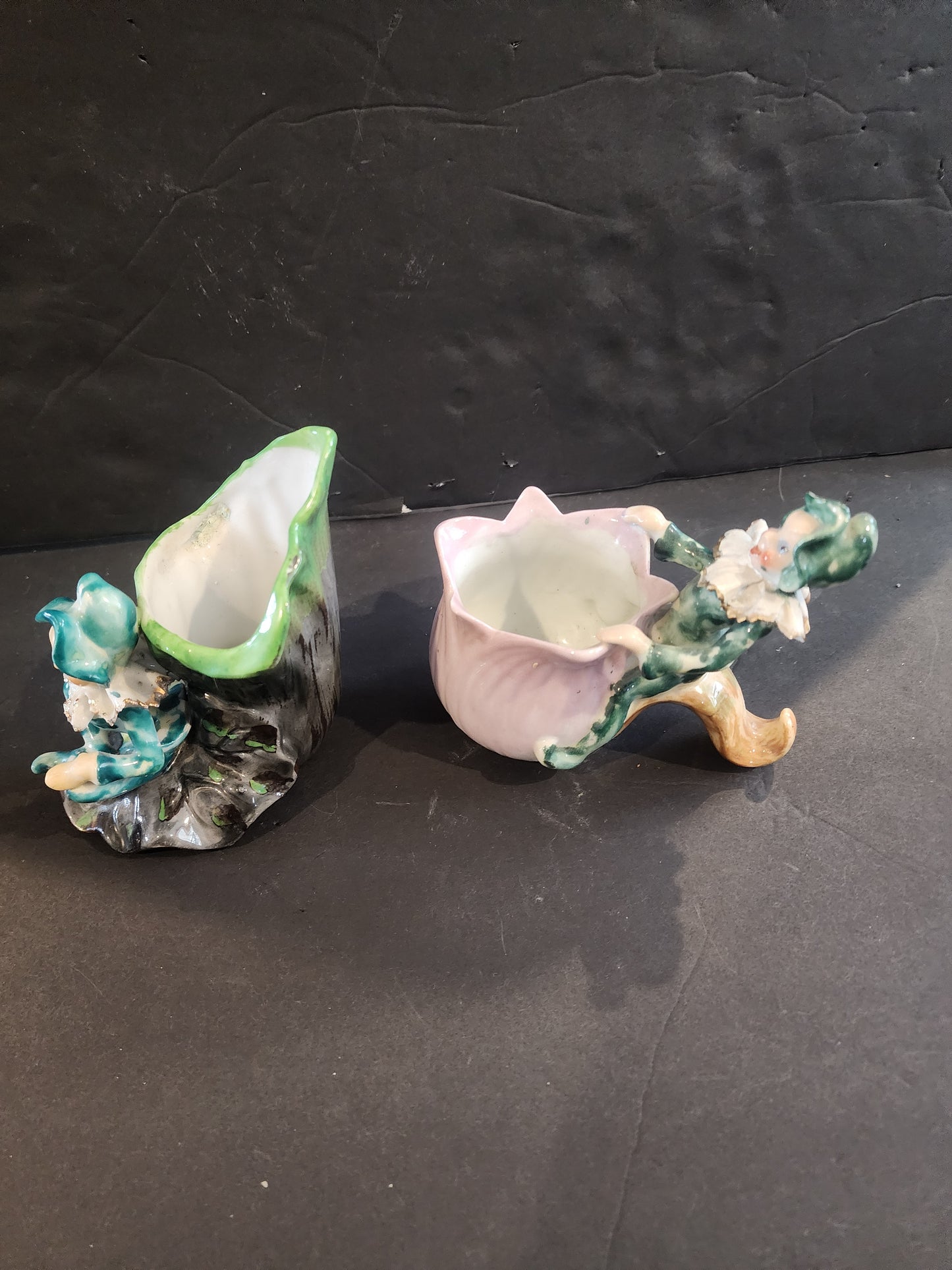 Vintage Mid-Century Green Pixie & Pink Whimsical Tulip Ceramic Planter Set - 1940s/1950s Made in Japan