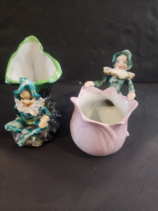Vintage Mid-Century Green Pixie & Pink Whimsical Tulip Ceramic Planter Set - 1940s/1950s Made in Japan