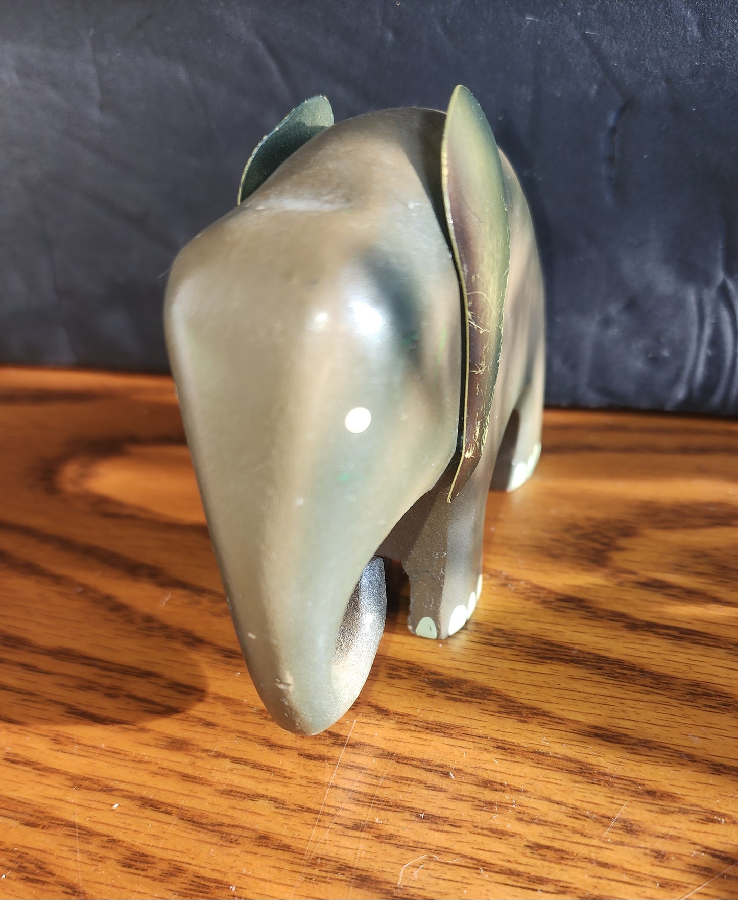 Vintage Wooden Elephant Figurine, Hand Painted,  Metal Ears 5×3×2" Gray Brown