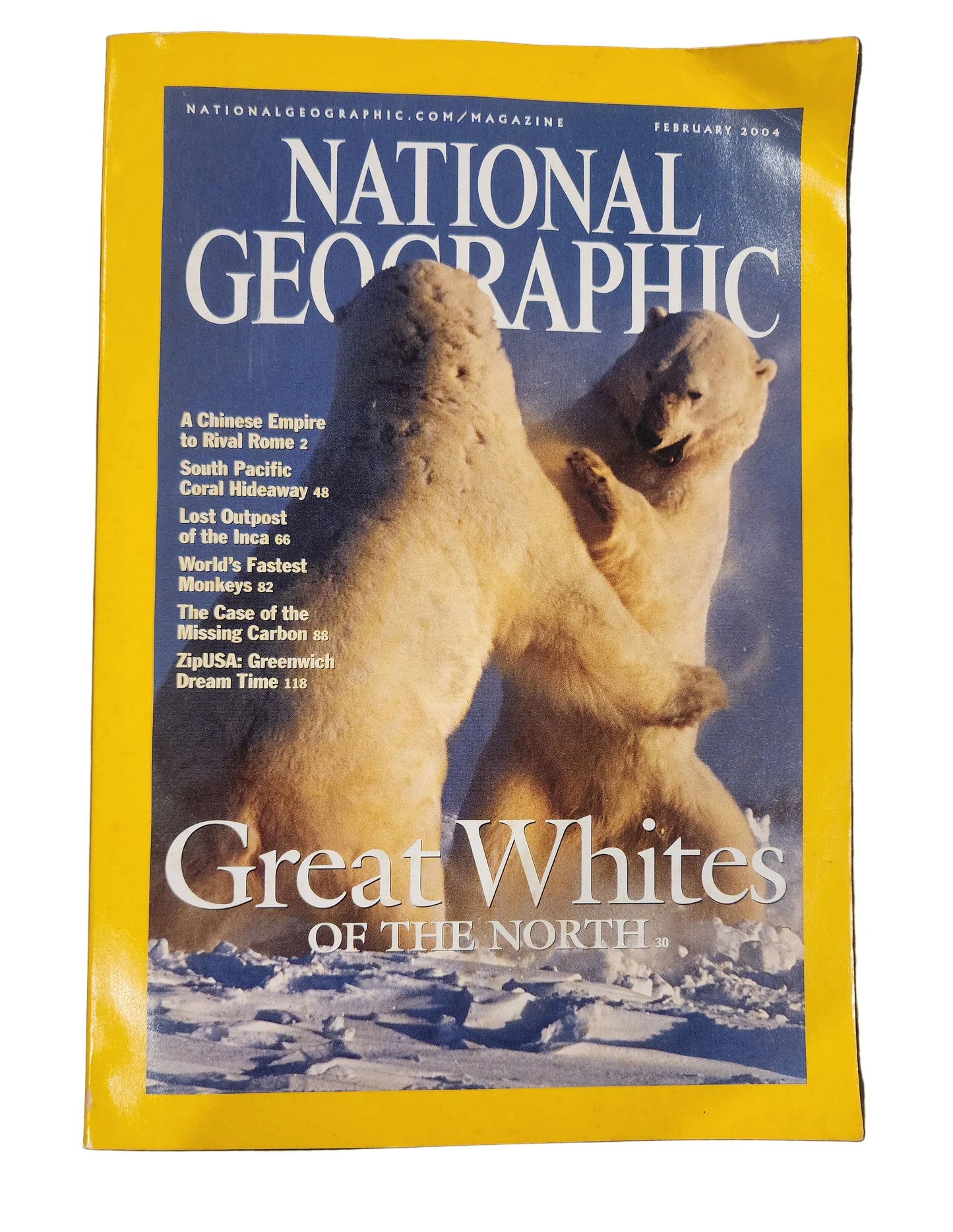 NATIONAL GEOGRAPHIC Feb 2004 issue "Great Whites" polar bears, Coral Hidaway