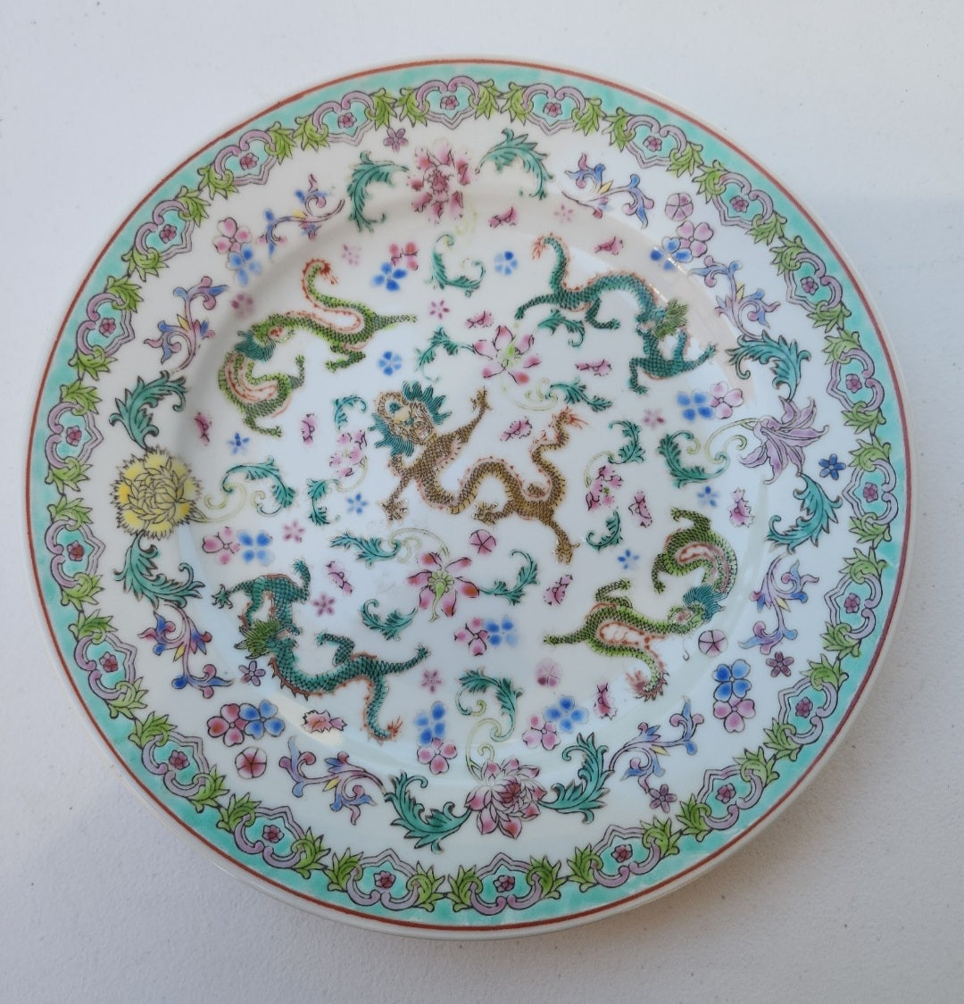 Vintage Jingdezhen Porcelain Dragon Plate 9" - Factory Mark 09 Famille Rose