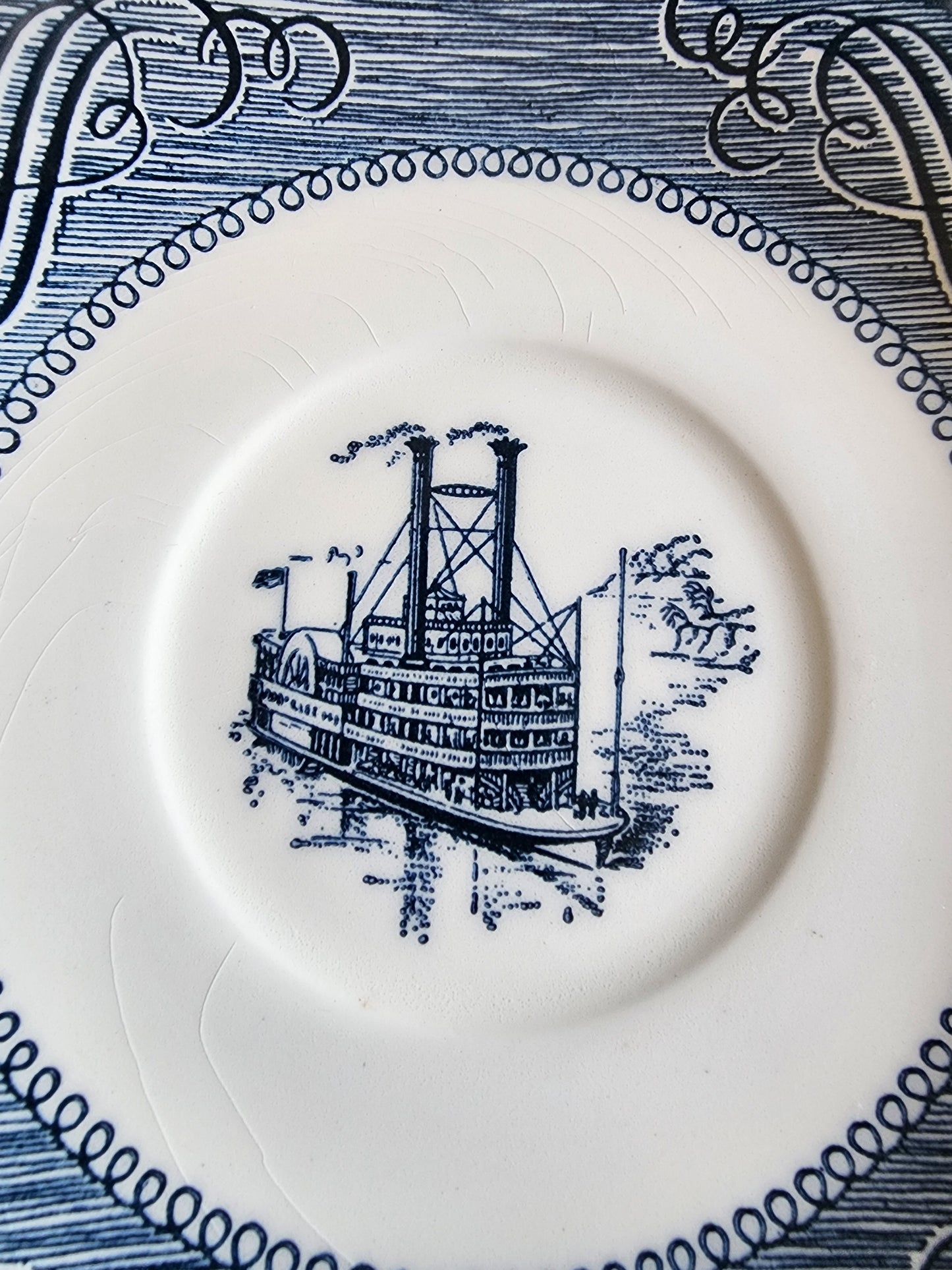 Set of 4 Vintage Currier & Ives Blue and White Saucers