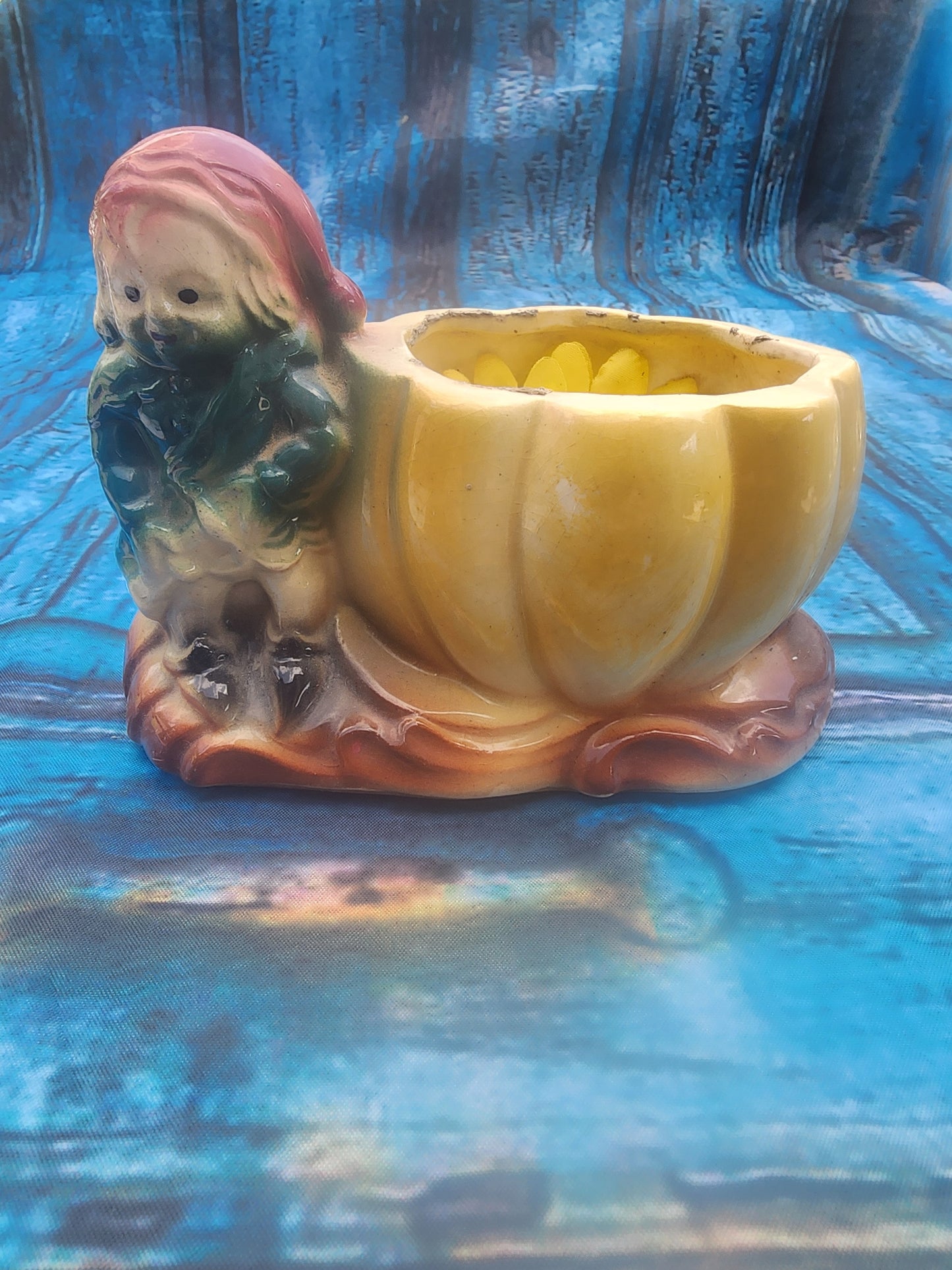 Vintage Ceramic Planter Fall gnome Pumpkin 1950s