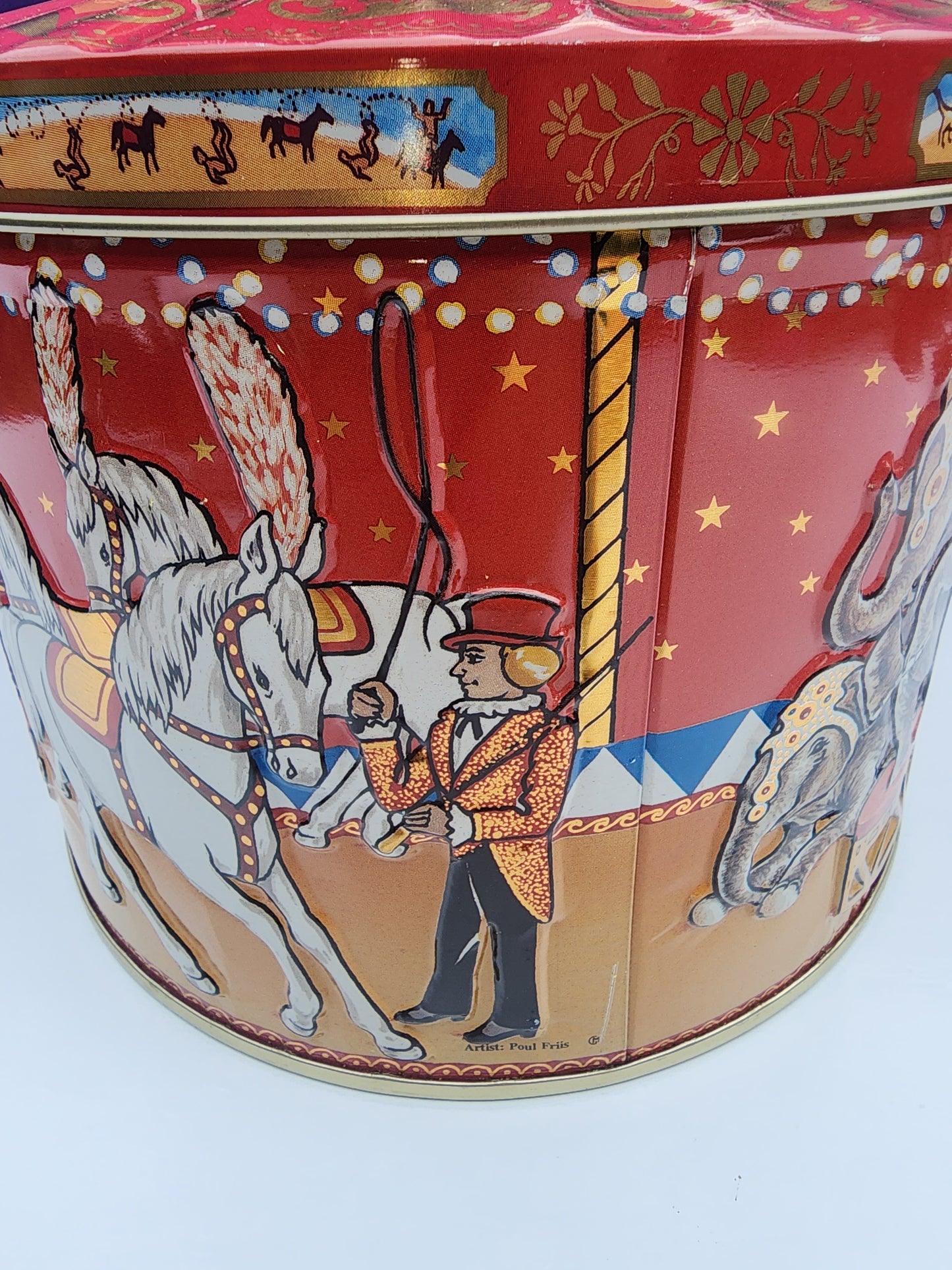 Vintage Poul Friis Big Top Circus Empty Cookie Tin Featuring Elephants, Horses, Monkeys & Lions