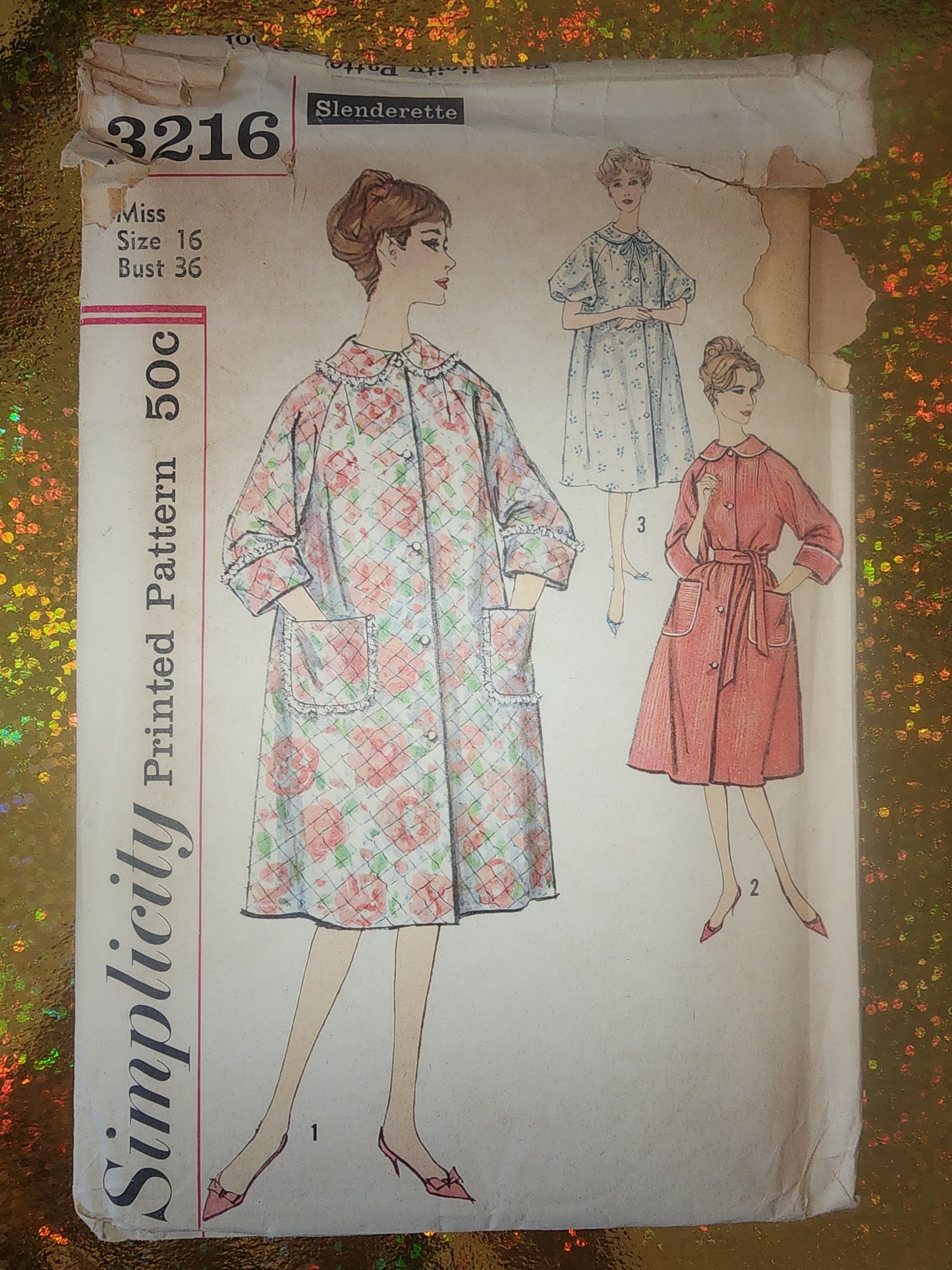 SIMPLICITY  PATTERN 3216 BUST 36 SZ 16 50C SLENDERETTE MISSES WOMENS ROBE 1970s