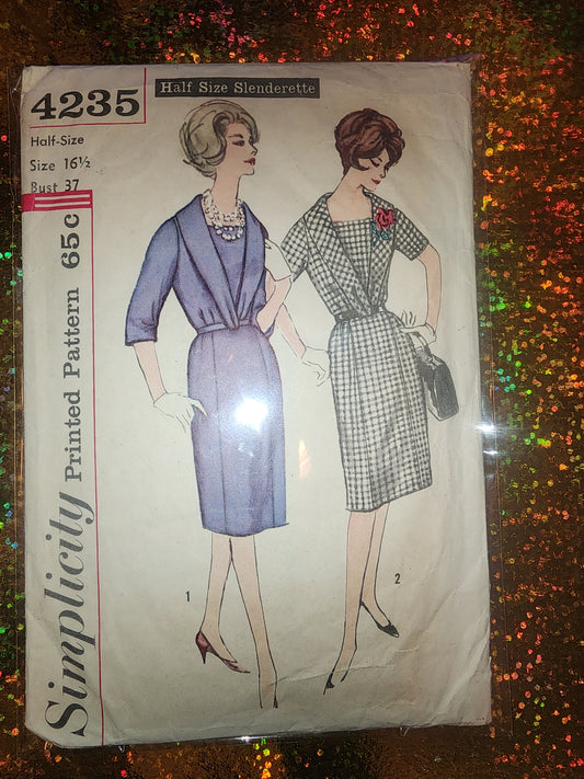 Vintage Simplicity Pattern 4235 16 1/2 half size slenderette measurement bust 37 waist 31 hip 41 cut pattern